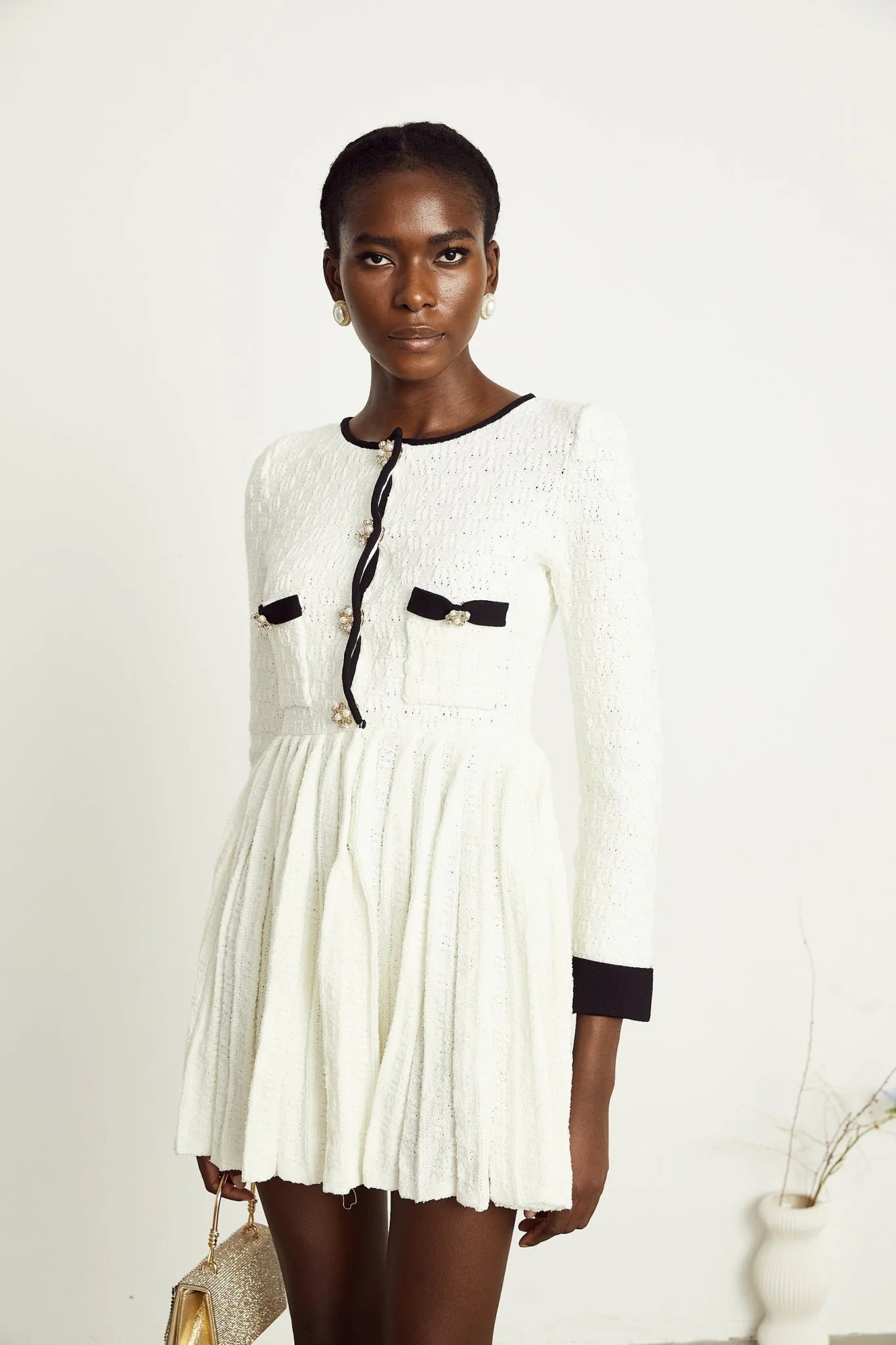 Lorelai Mini Dress White Black Ribbed Knit Pleated Trim & Pockets