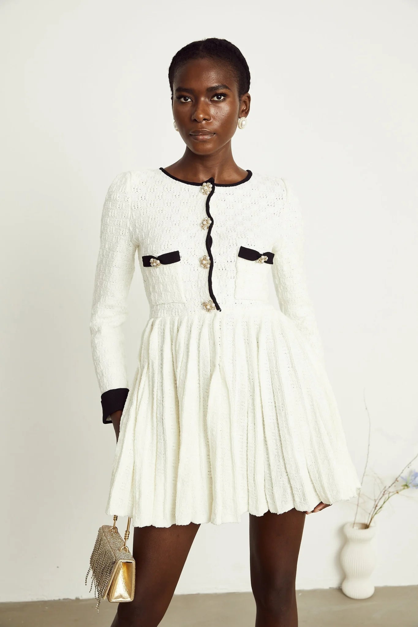 Lorelai Mini Dress White Black Ribbed Knit Pleated Trim & Pockets