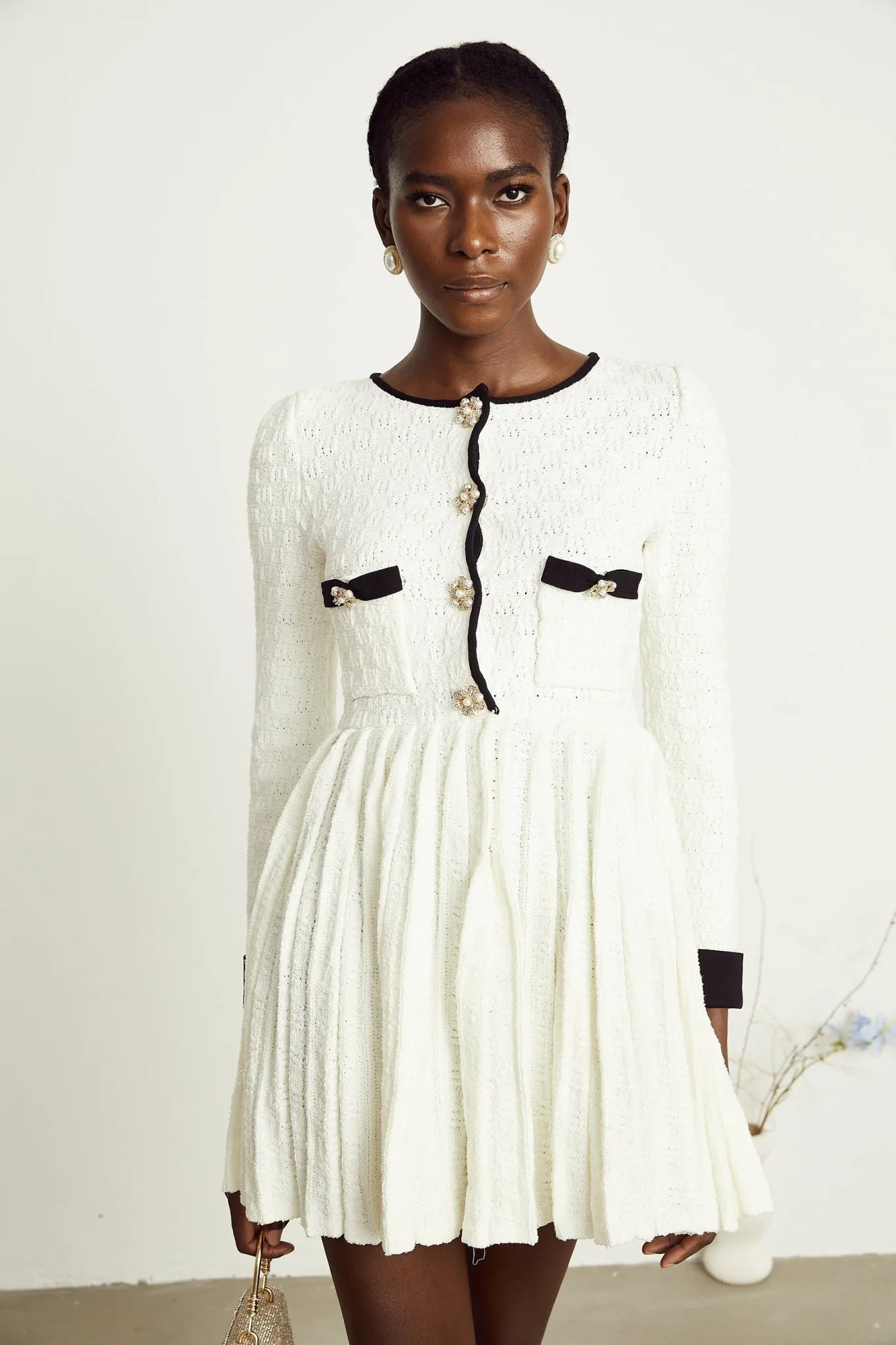 Lorelai Mini Dress White Black Ribbed Knit Pleated Trim & Pockets