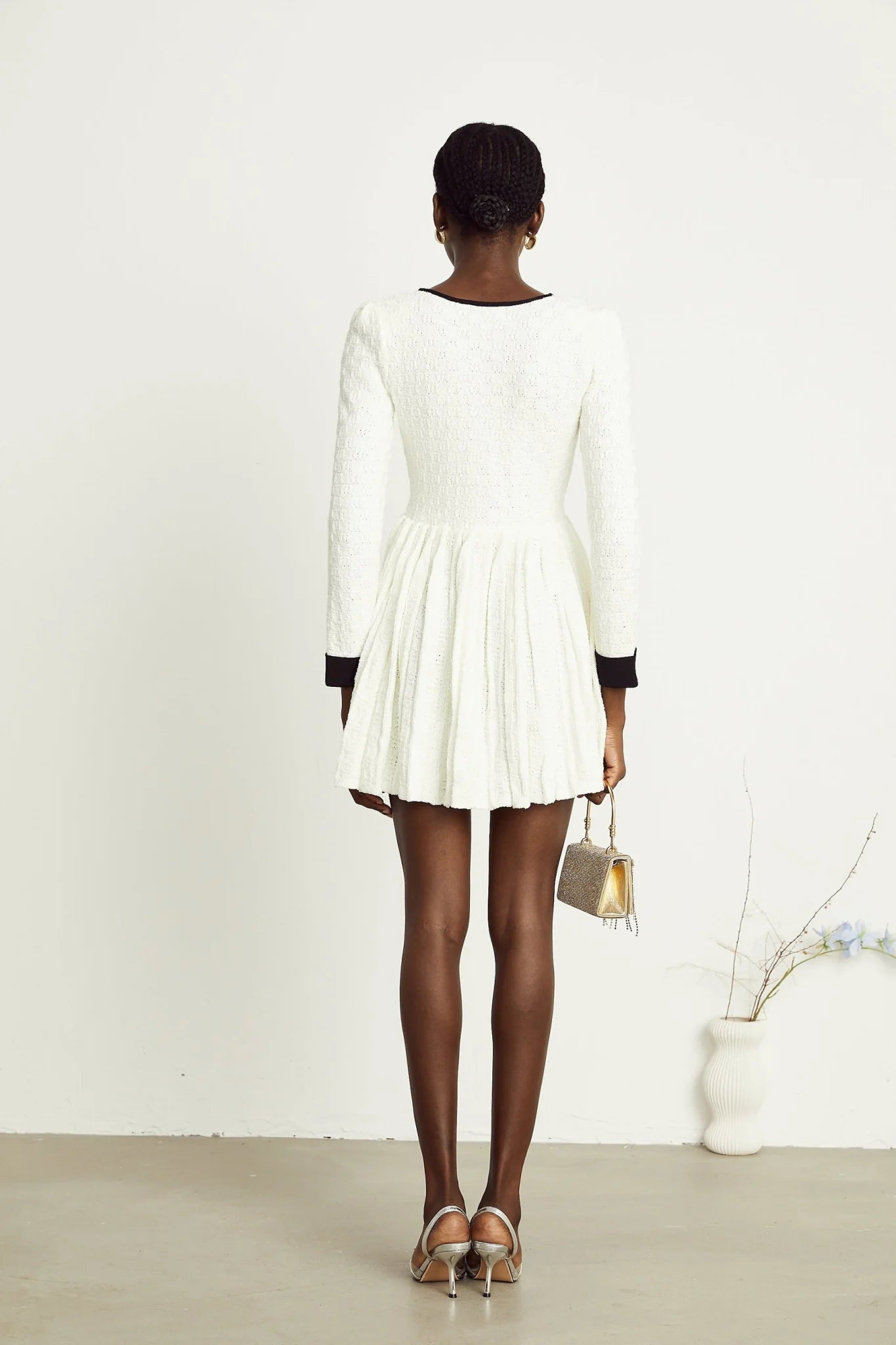 Lorelai Mini Dress White Black Ribbed Knit Pleated Trim & Pockets