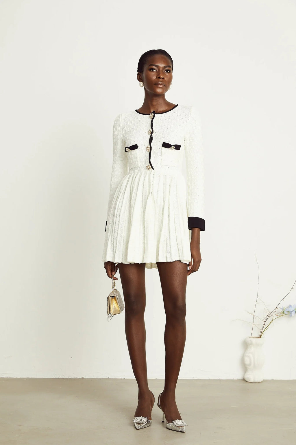 Lorelai Mini Dress White Black Ribbed Knit Pleated Trim & Pockets