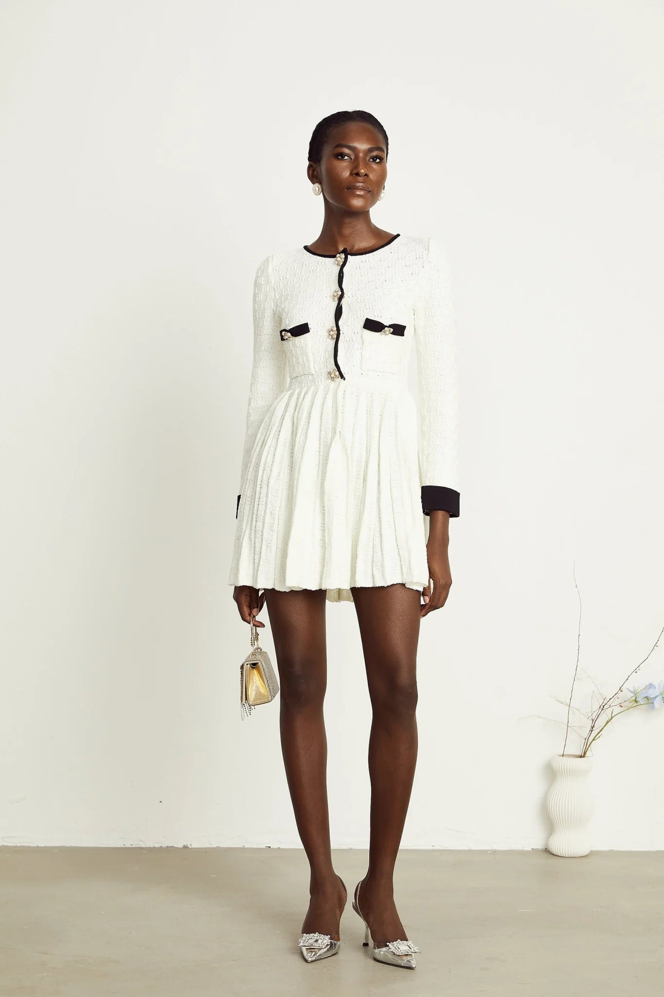 Lorelai Mini Dress White Black Ribbed Knit Pleated Trim & Pockets
