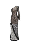 Lorelei Black Sequin Feather Trim One Shoulder Slit Dress