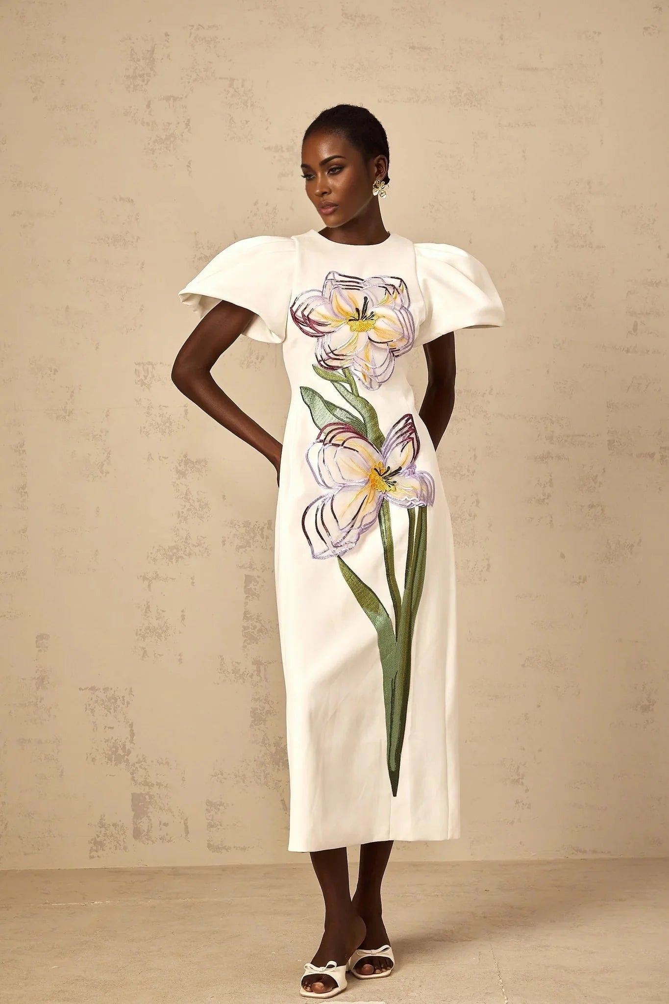 Lorelei Midi Dress White Sequin Floral Embroidered