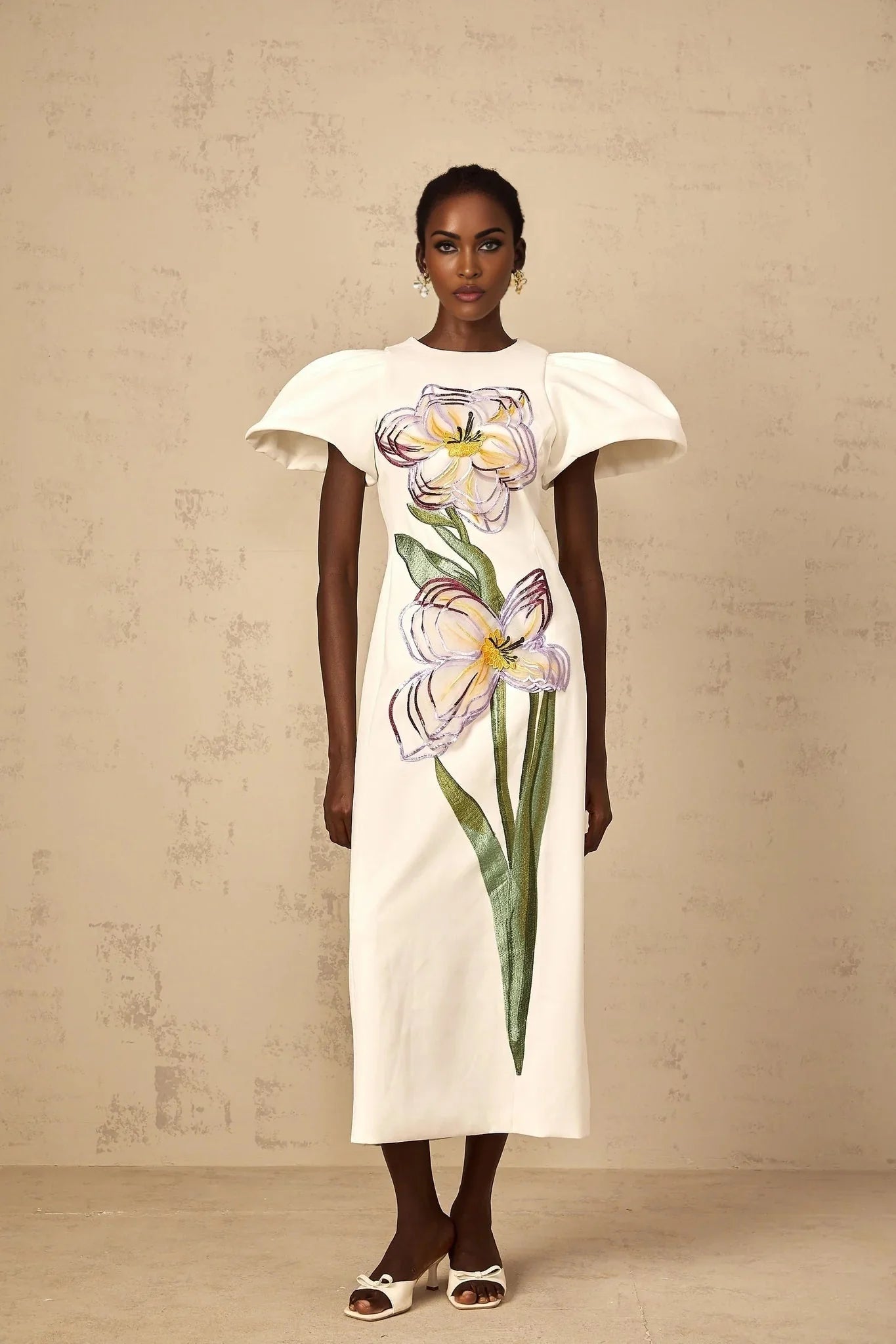 Lorelei Midi Dress White Sequin Floral Embroidered
