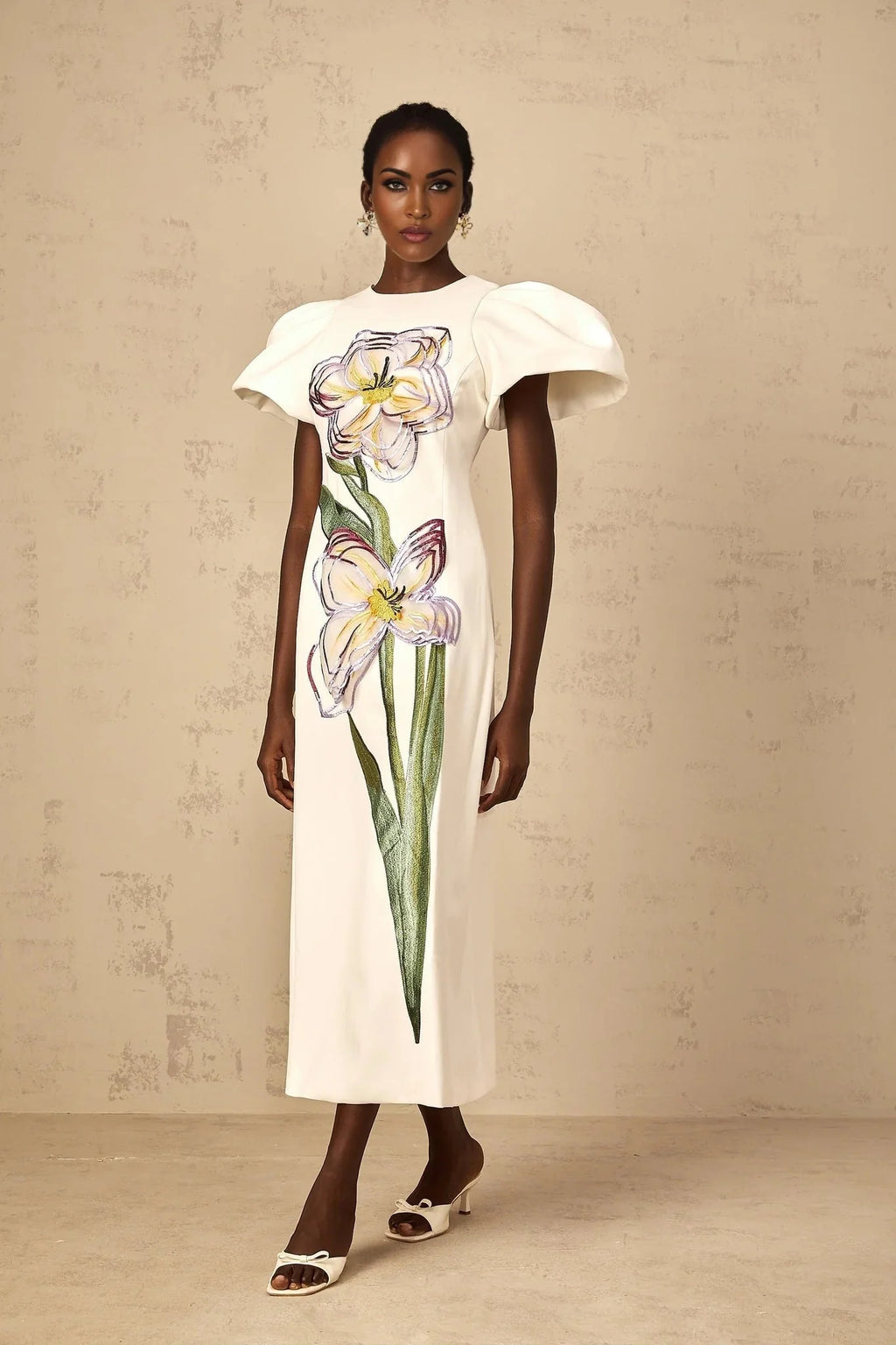 Lorelei Midi Dress White Sequin Floral Embroidered