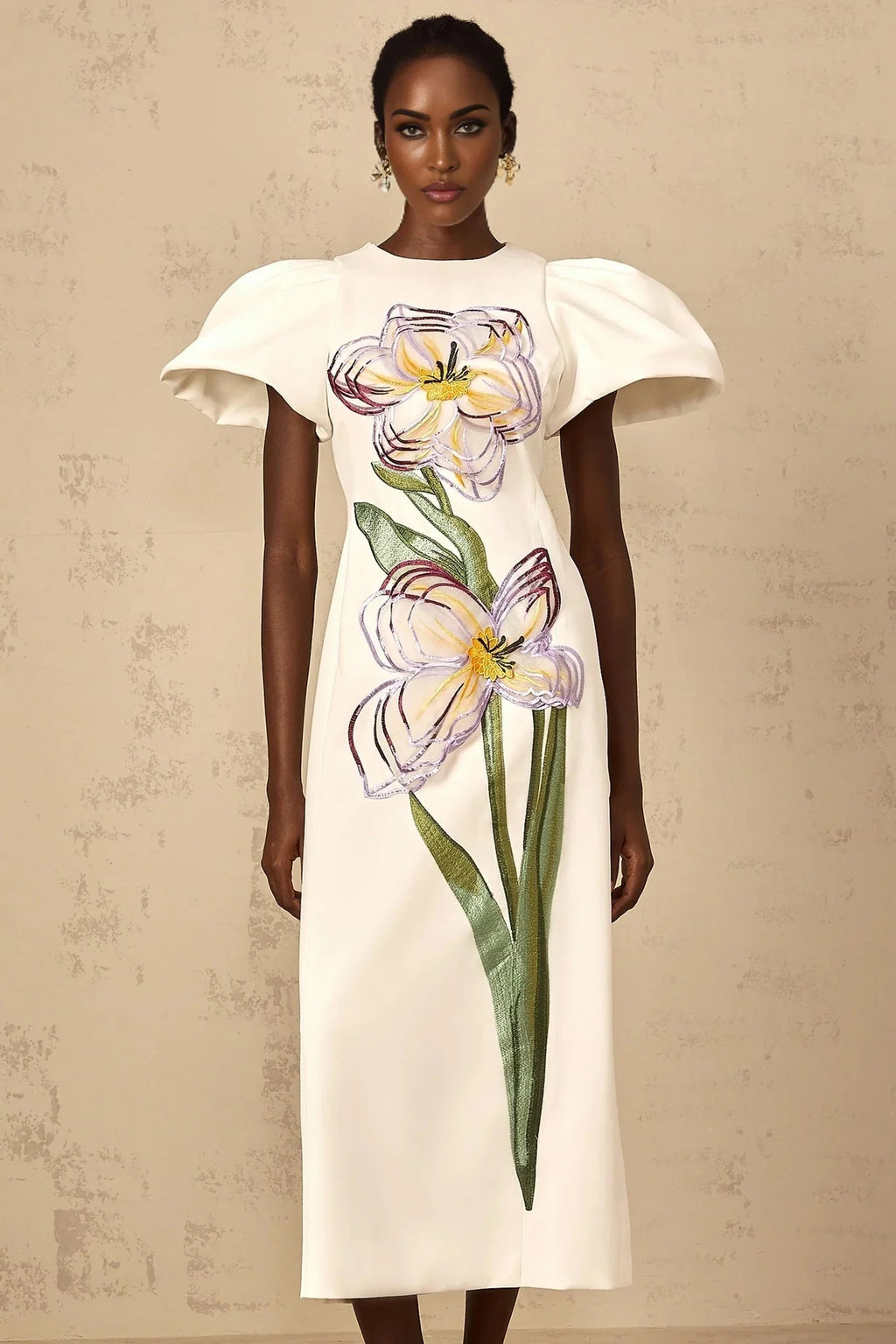 Lorelei Midi Dress White Sequin Floral Embroidered