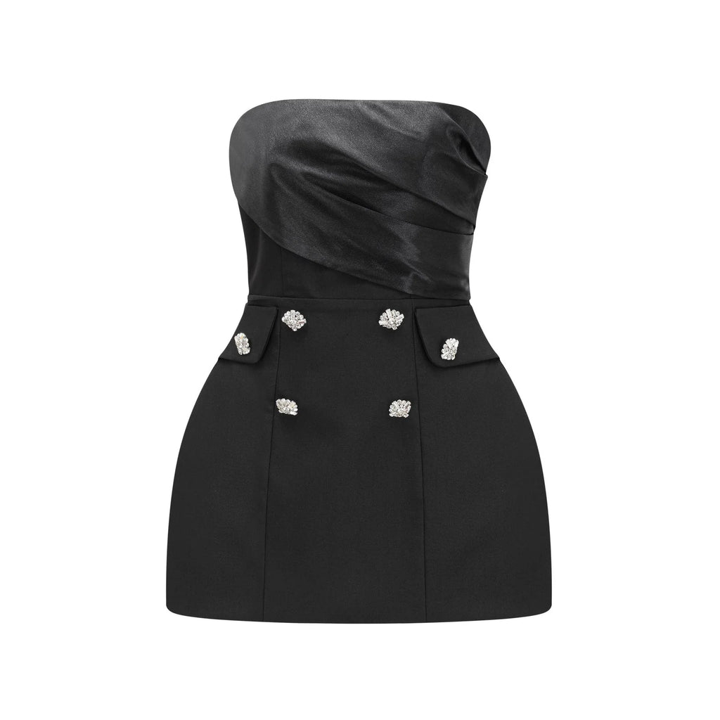 Lorelei Mini Dress Black Off Shoulder Asymmetric Button Flare
