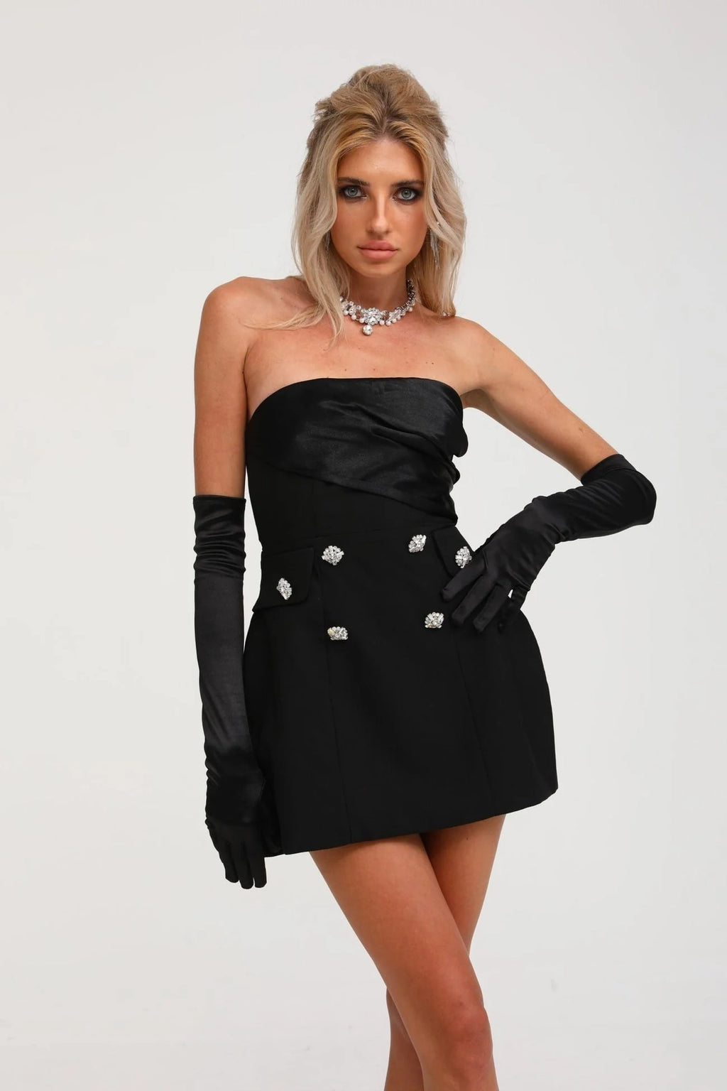 Lorelei Mini Dress Black Off Shoulder Asymmetric Button Flare