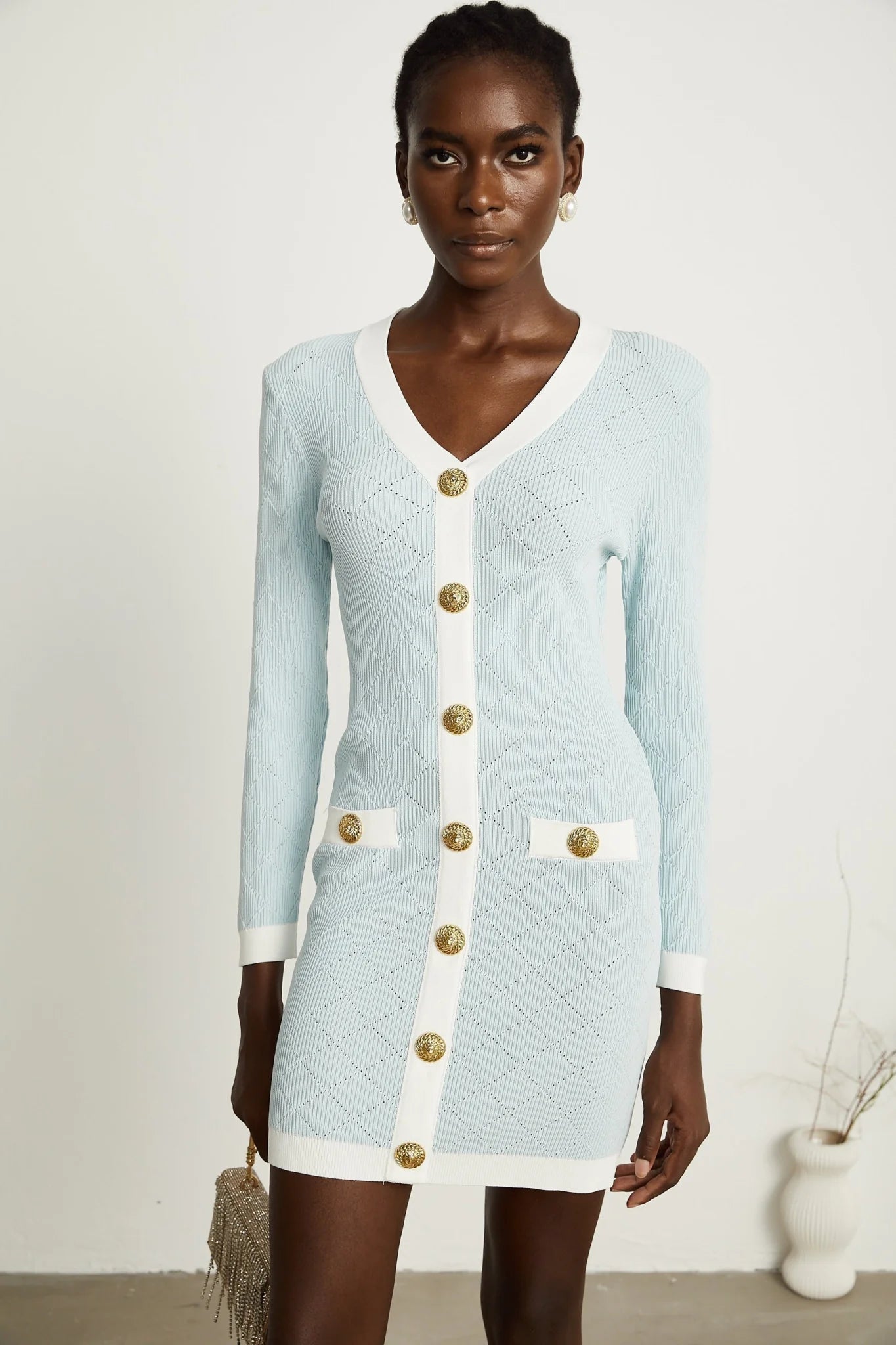 Lorelei Mini Dress Blue Check VNeck Button Detail