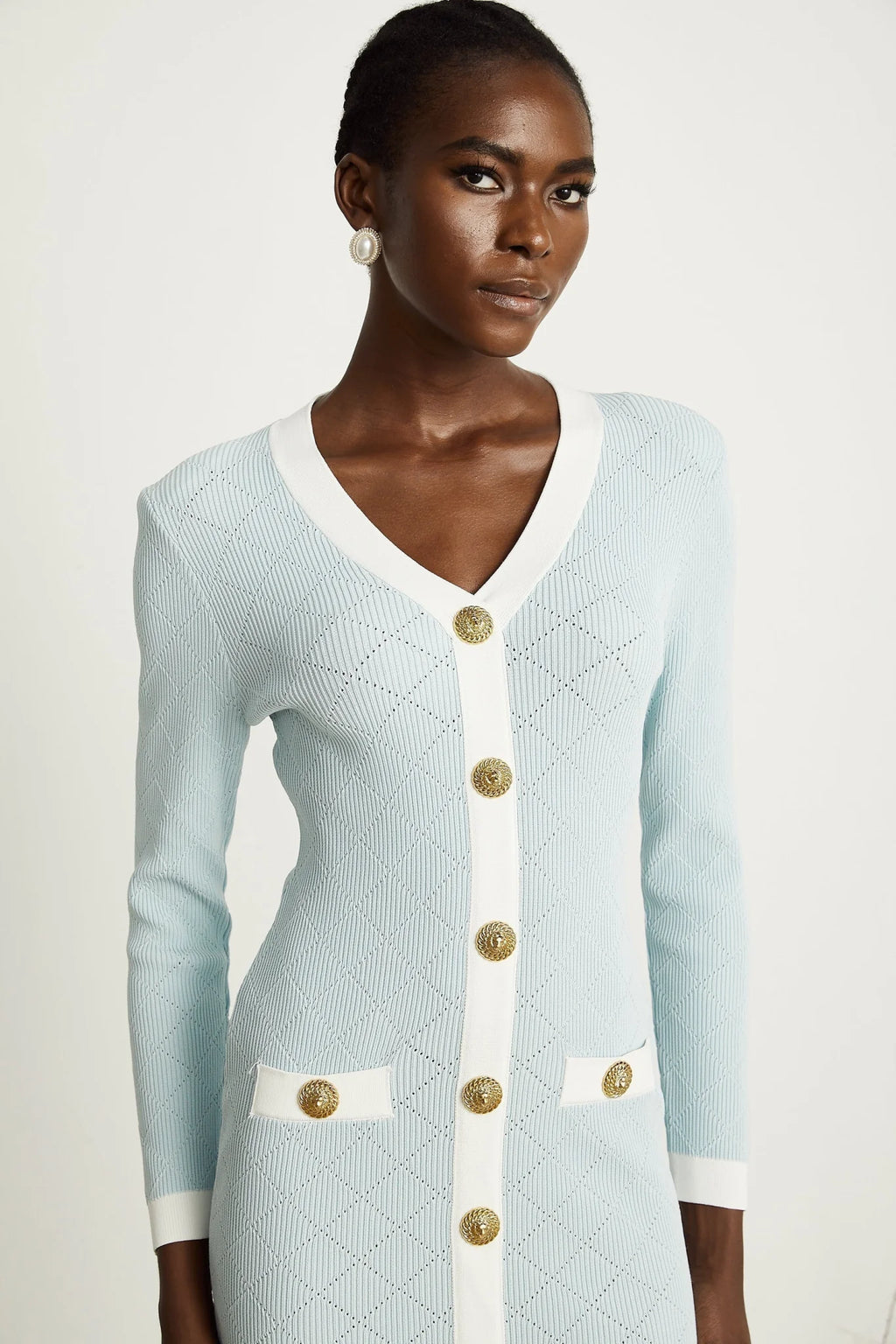 Lorelei Mini Dress Blue Check VNeck Button Detail