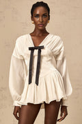 Lorelei Mini Dress Glitter Bow VNeck Thigh Length White & Black