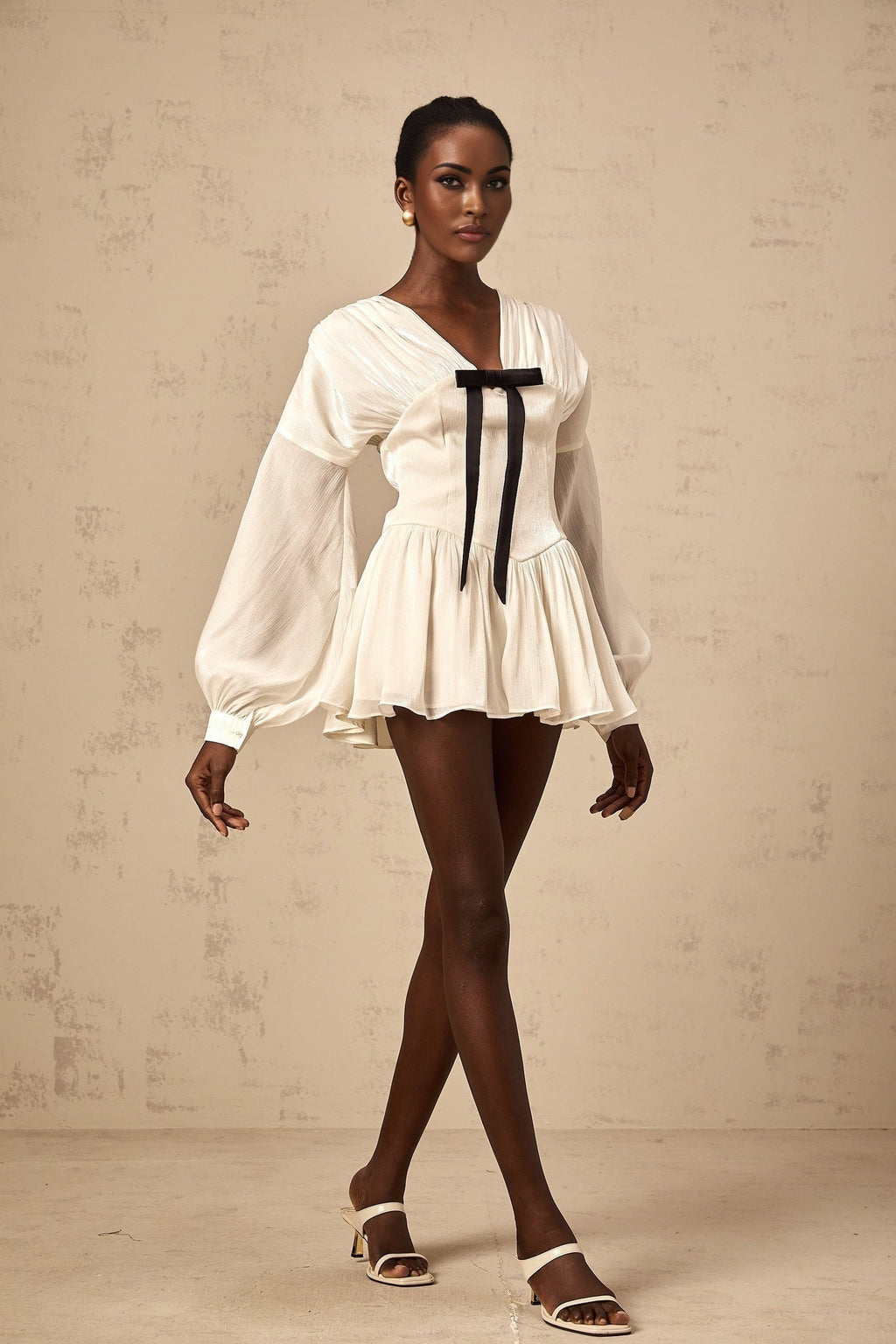 Lorelei Mini Dress Glitter Bow VNeck Thigh Length White & Black
