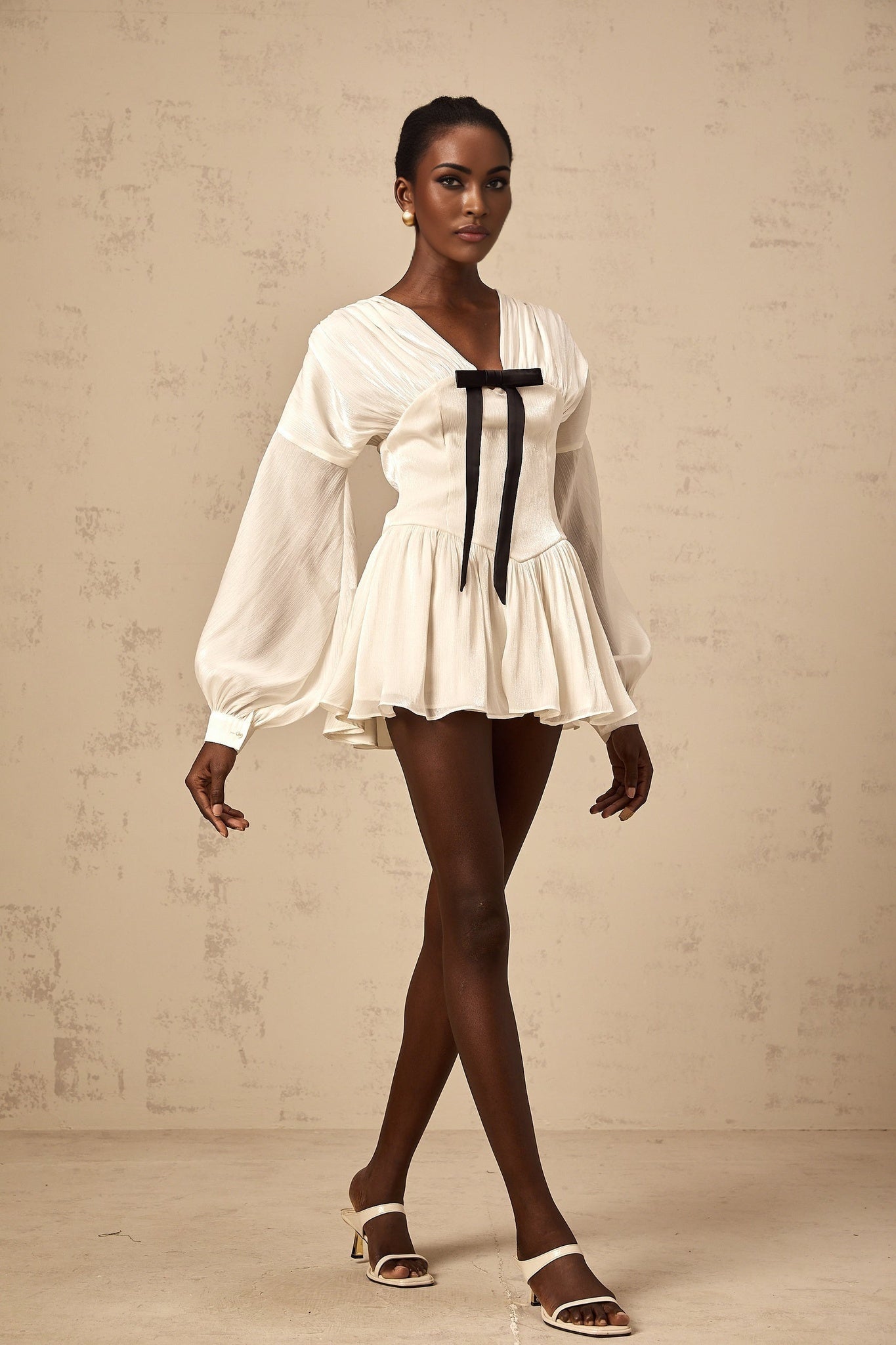 Lorelei Mini Dress Glitter Bow VNeck Thigh Length White & Black
