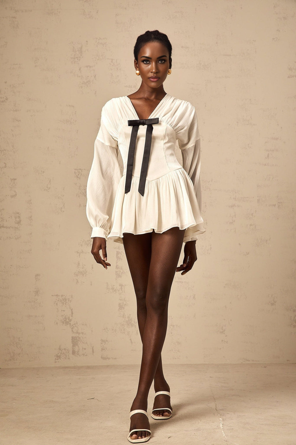Lorelei Mini Dress Glitter Bow VNeck Thigh Length White & Black