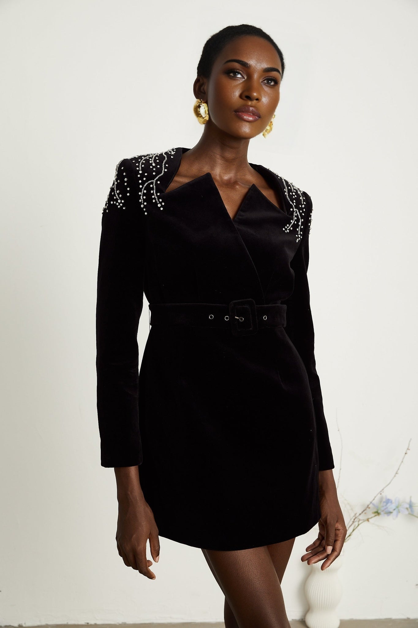 Lorelei Mini Dress with Crystal Embellished Velvet Black Silhouette