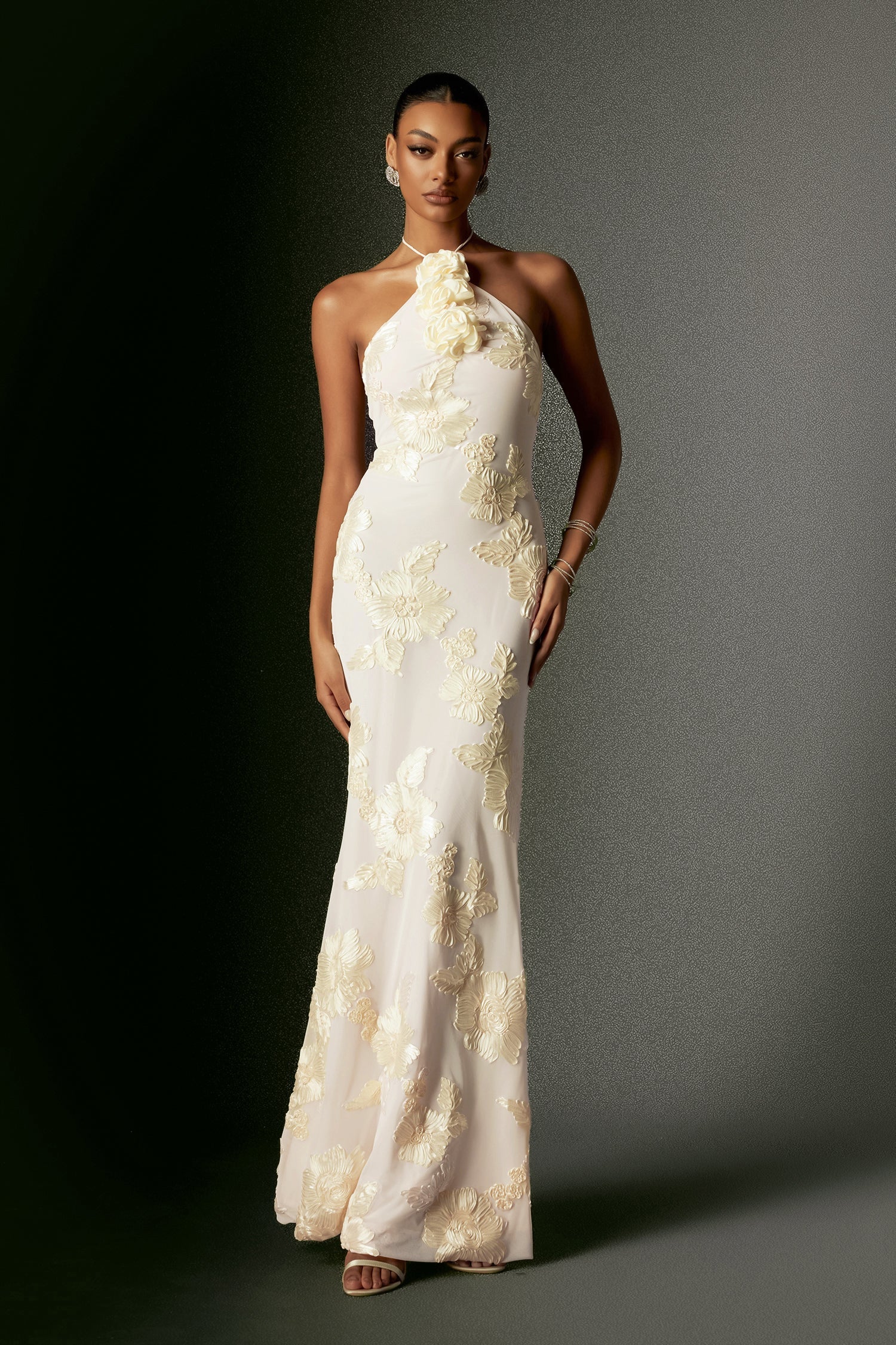 Lorelei White Halter Neck Embroidered Floral Dress