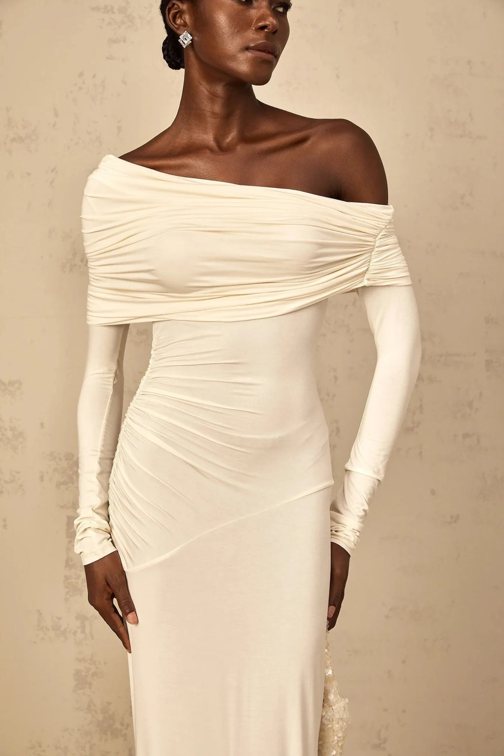 Lorenza Maxi Dress Off - Shoulder Ruched & Flared Hem White