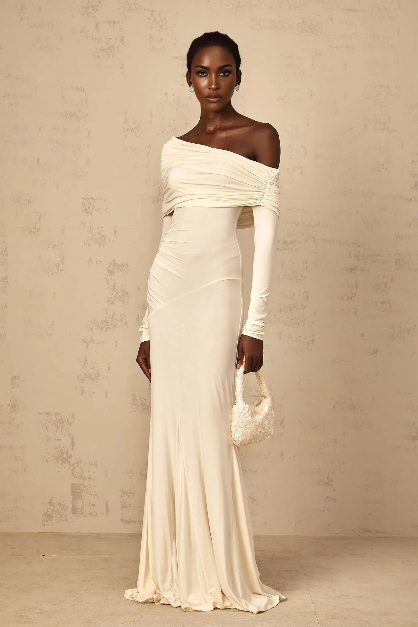 Lorenza Maxi Dress Off - Shoulder Ruched & Flared Hem White