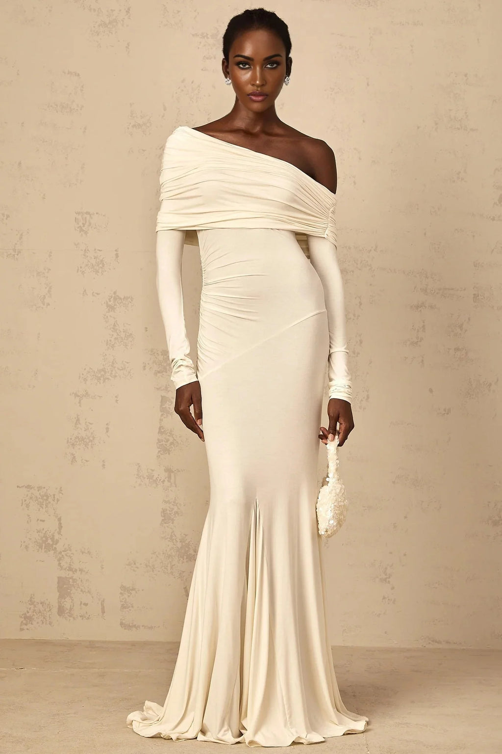 Lorenza Maxi Dress Off - Shoulder Ruched & Flared Hem White