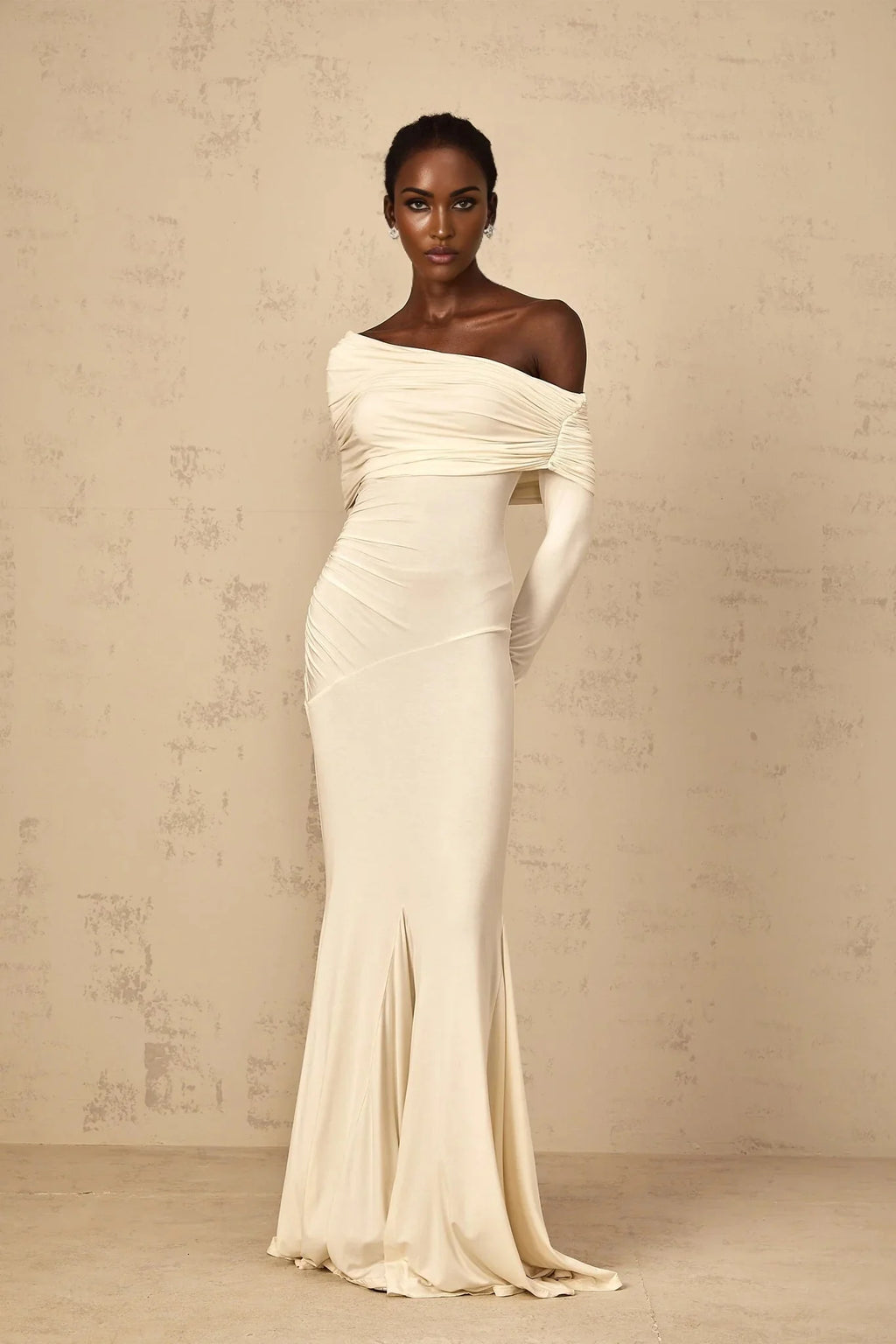 Lorenza Maxi Dress Off - Shoulder Ruched & Flared Hem White