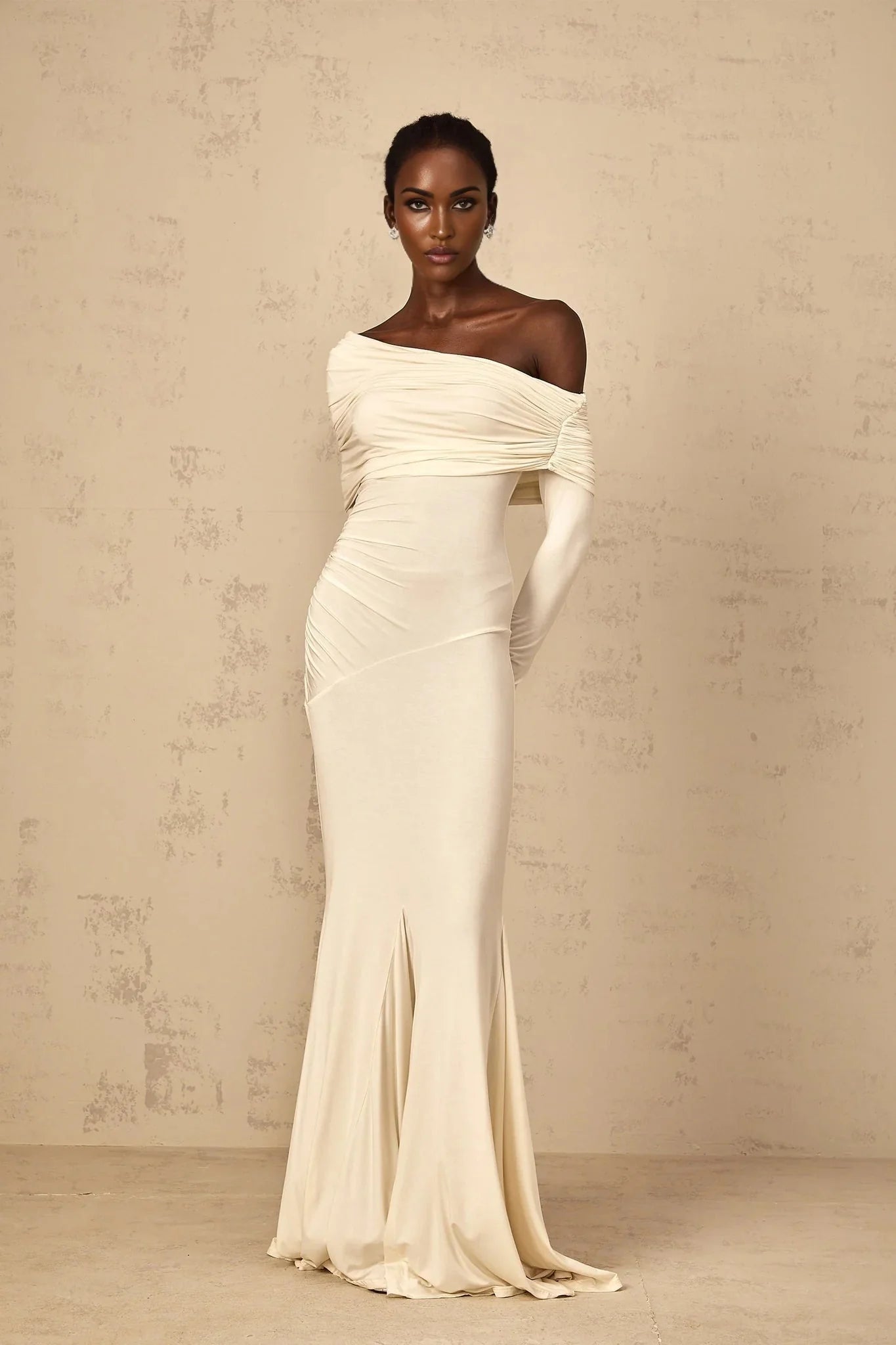 Lorenza Maxi Dress Off - Shoulder Ruched & Flared Hem White