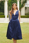 Lorenza Midi Dress Dark Blue Satin Twist Straps & V - neck Plunging Peplum Hem