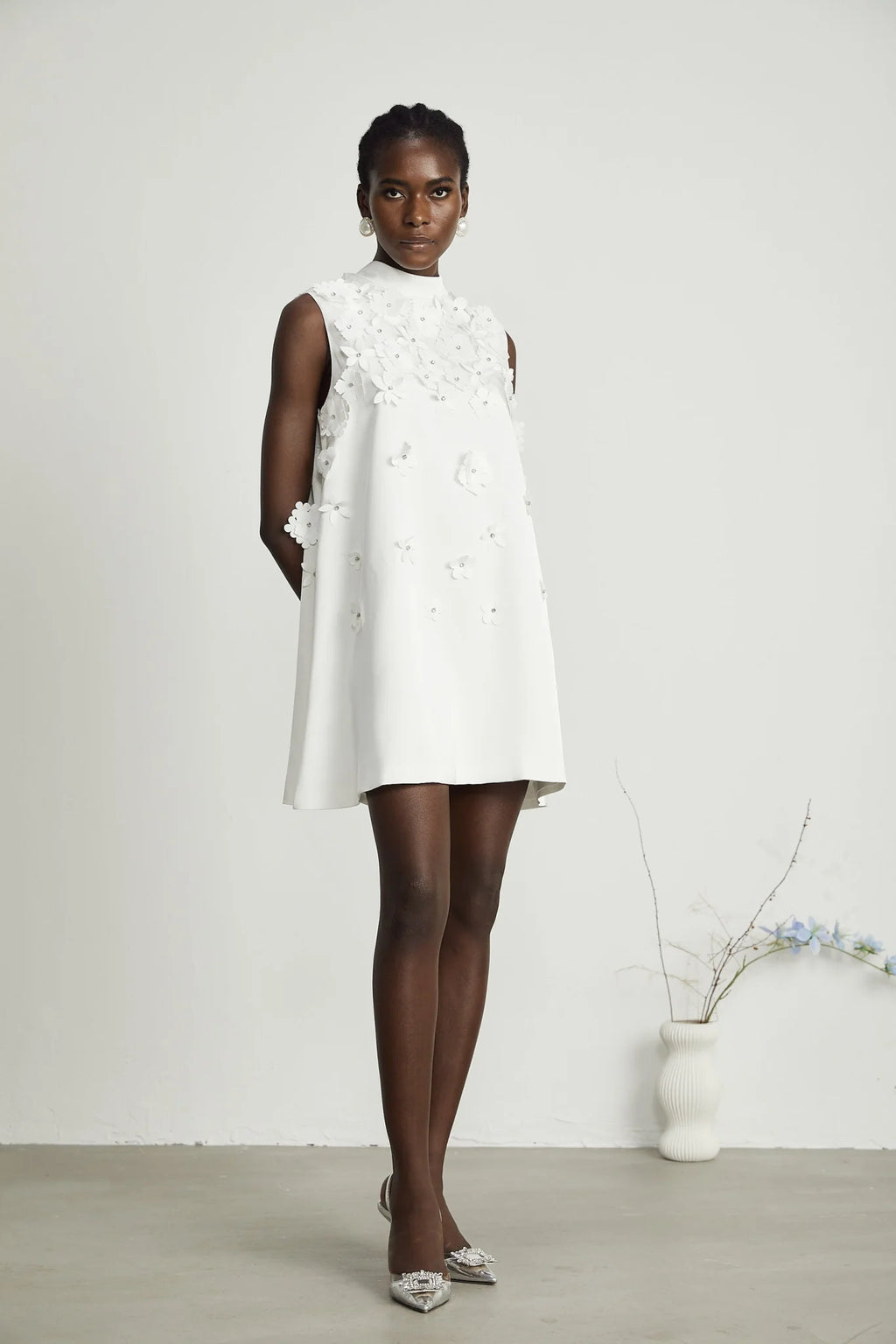 Lorenza Mini Dress White Faux Flower Crystal Embellished