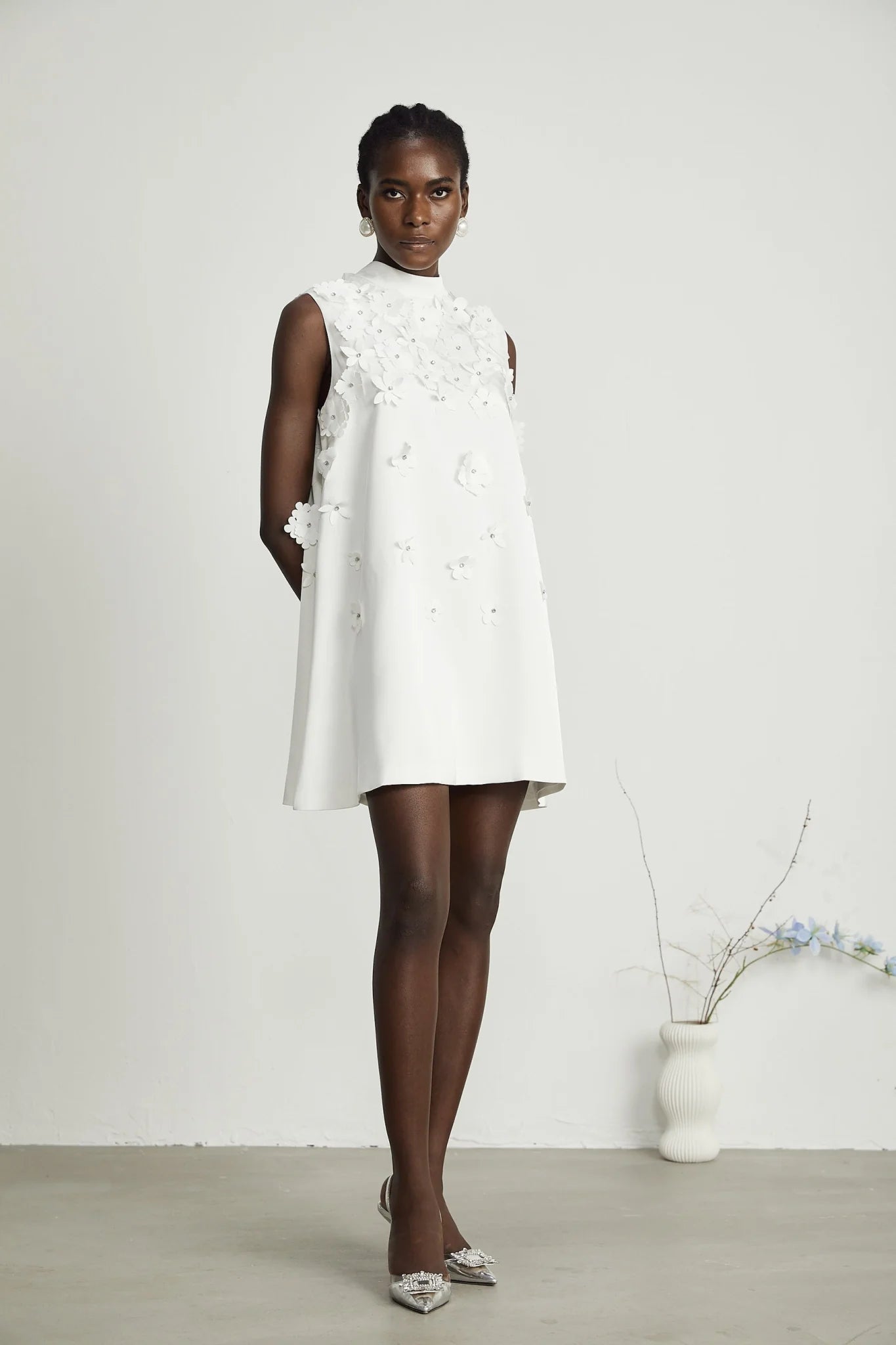 Lorenza Mini Dress White Faux Flower Crystal Embellished