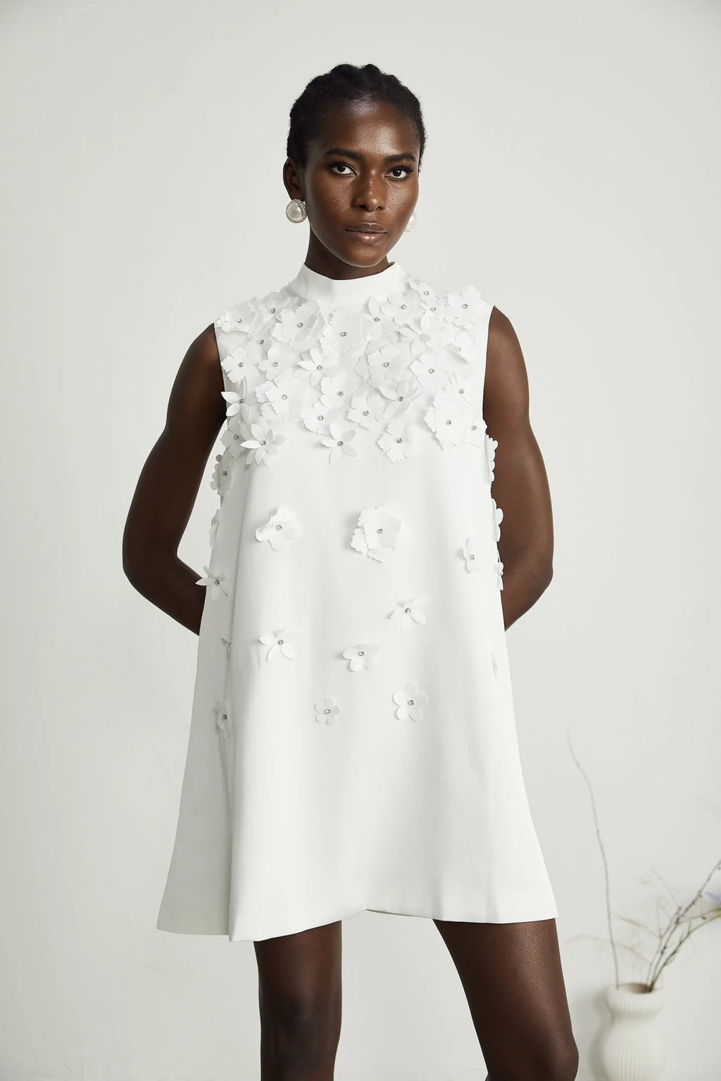 Lorenza Mini Dress White Faux Flower Crystal Embellished