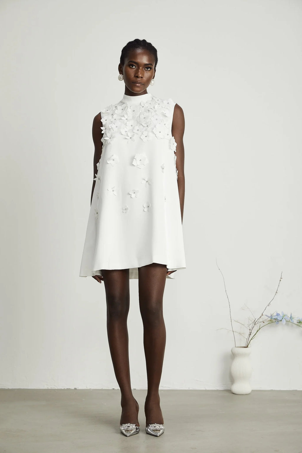 Lorenza Mini Dress White Faux Flower Crystal Embellished