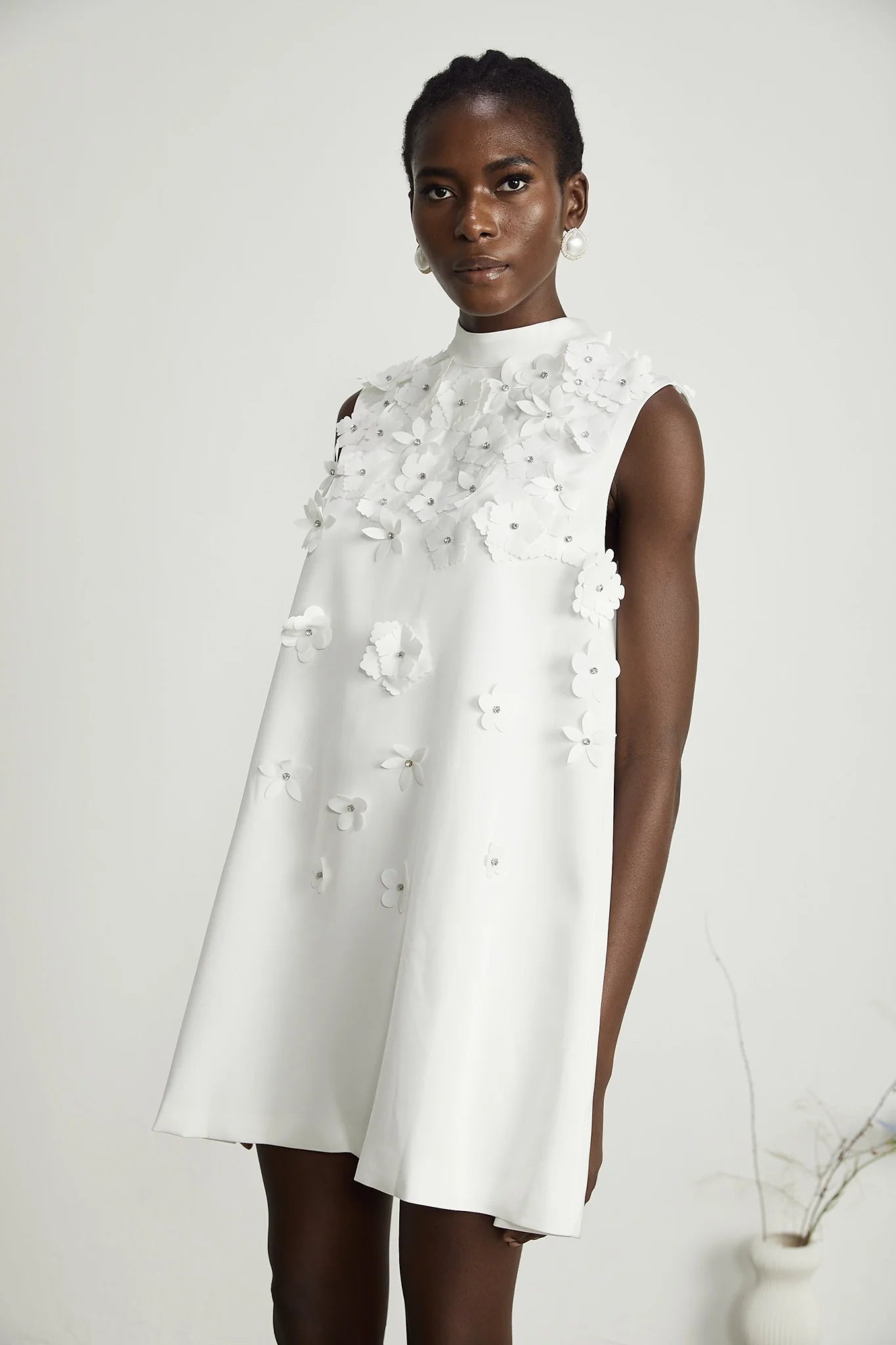Lorenza Mini Dress White Faux Flower Crystal Embellished