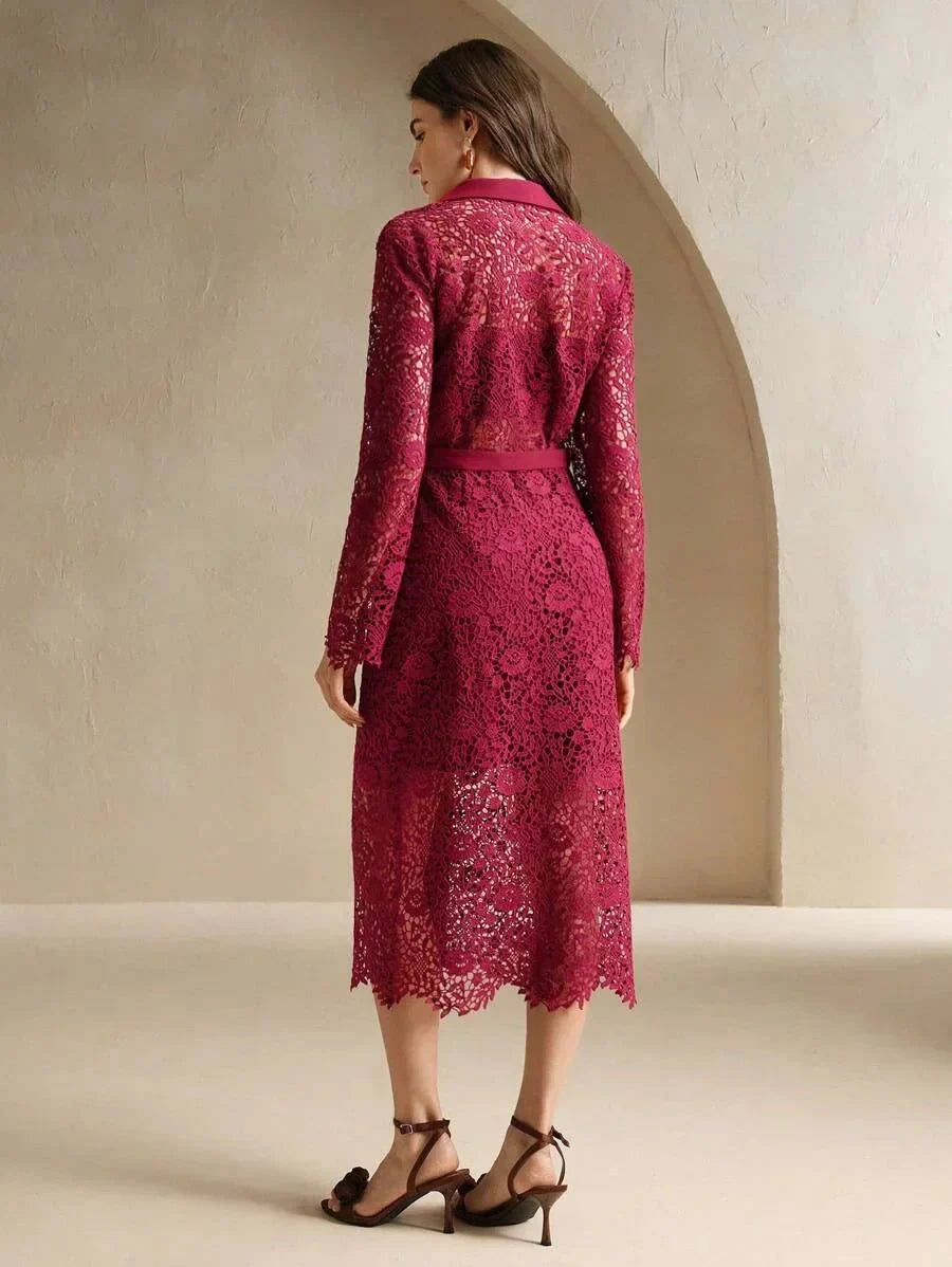 Lorenzina Midi Dress - Elegant Style - High Waist - Button Details - Color - Lace Material