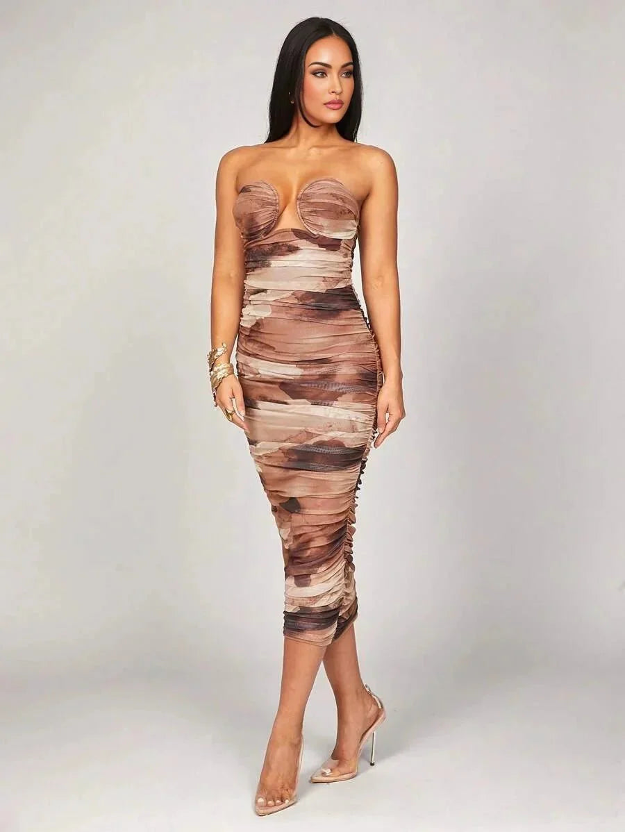 Lorenzina Midi Dress - Strapless Neckline - Wedding Occasion - Pencil Hem - Natural Waist - Elegant Style