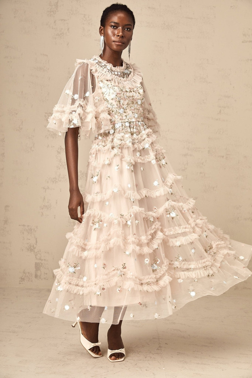 Lucia Floral Embroidery Tiered Midi Dress