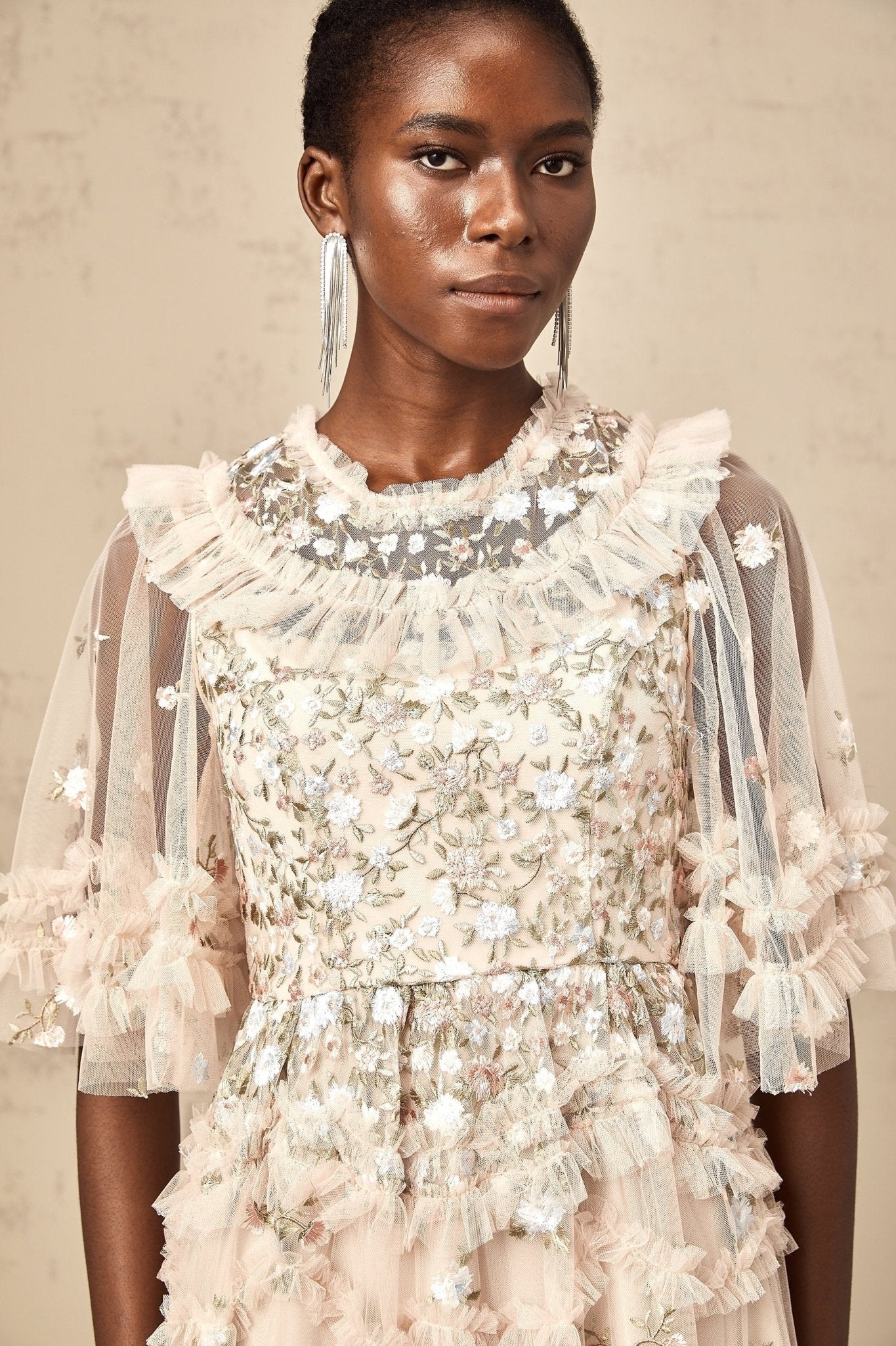 Lucia Floral Embroidery Tiered Midi Dress
