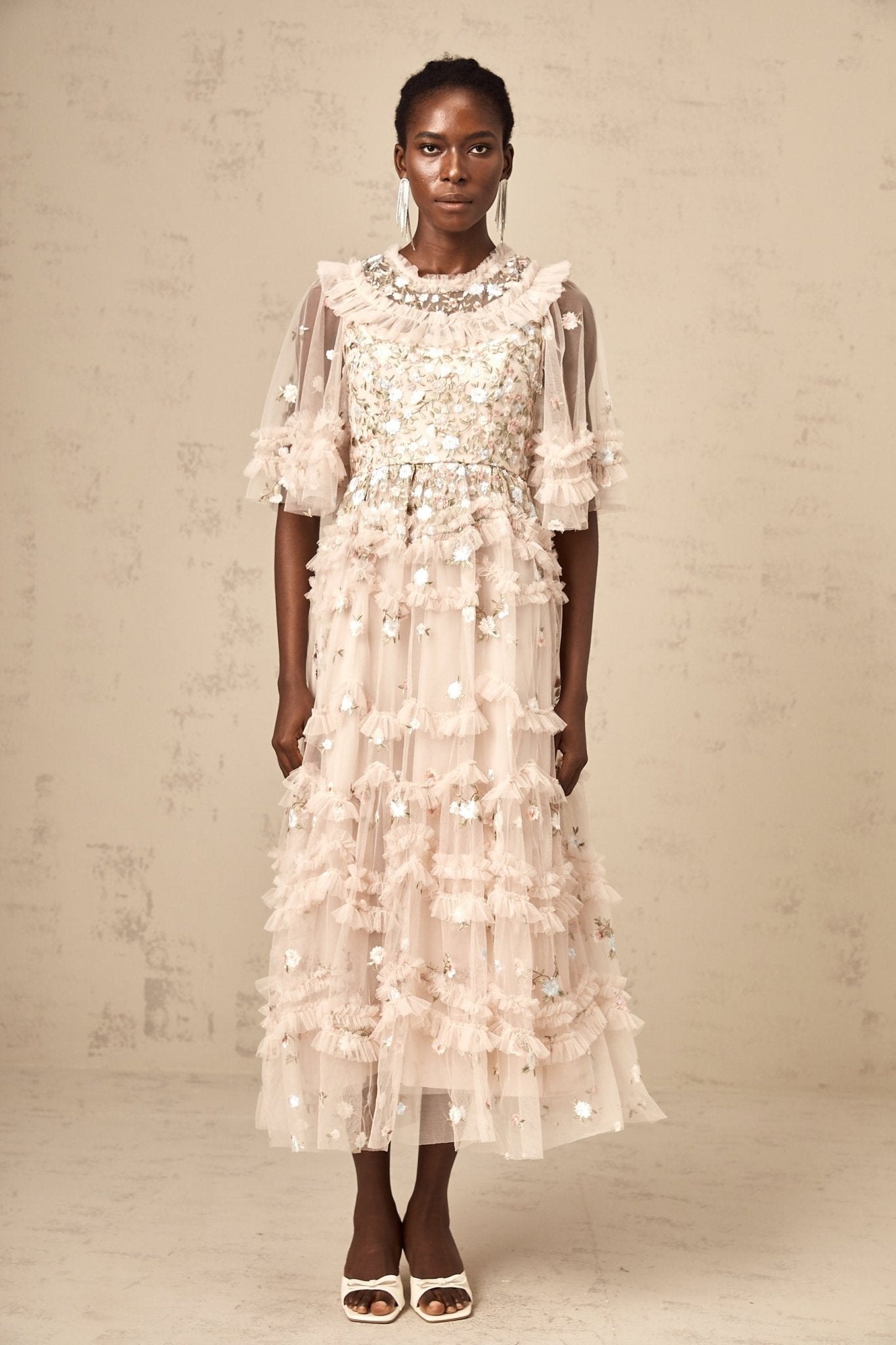 Lucia Floral Embroidery Tiered Midi Dress
