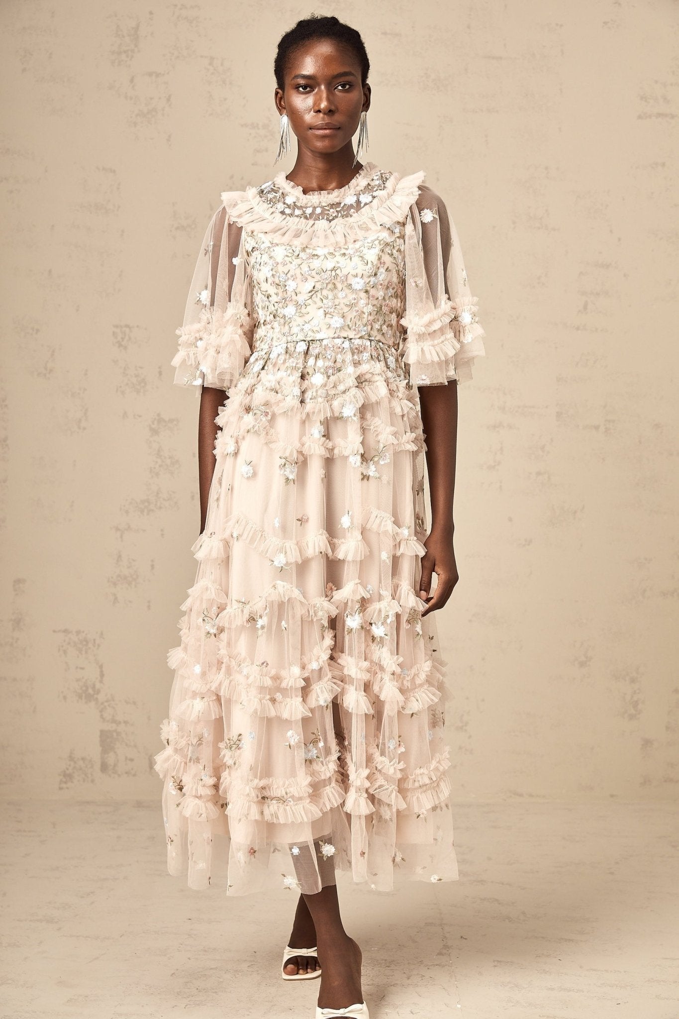Lucia Floral Embroidery Tiered Midi Dress