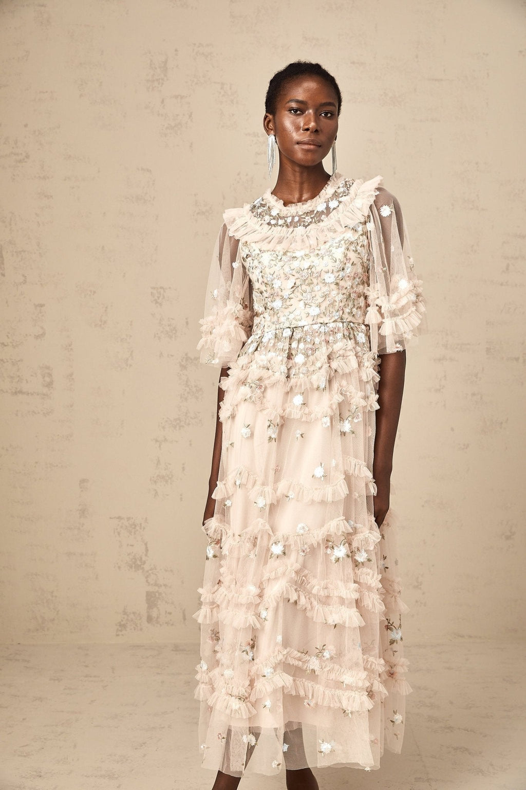 Lucia Floral Embroidery Tiered Midi Dress