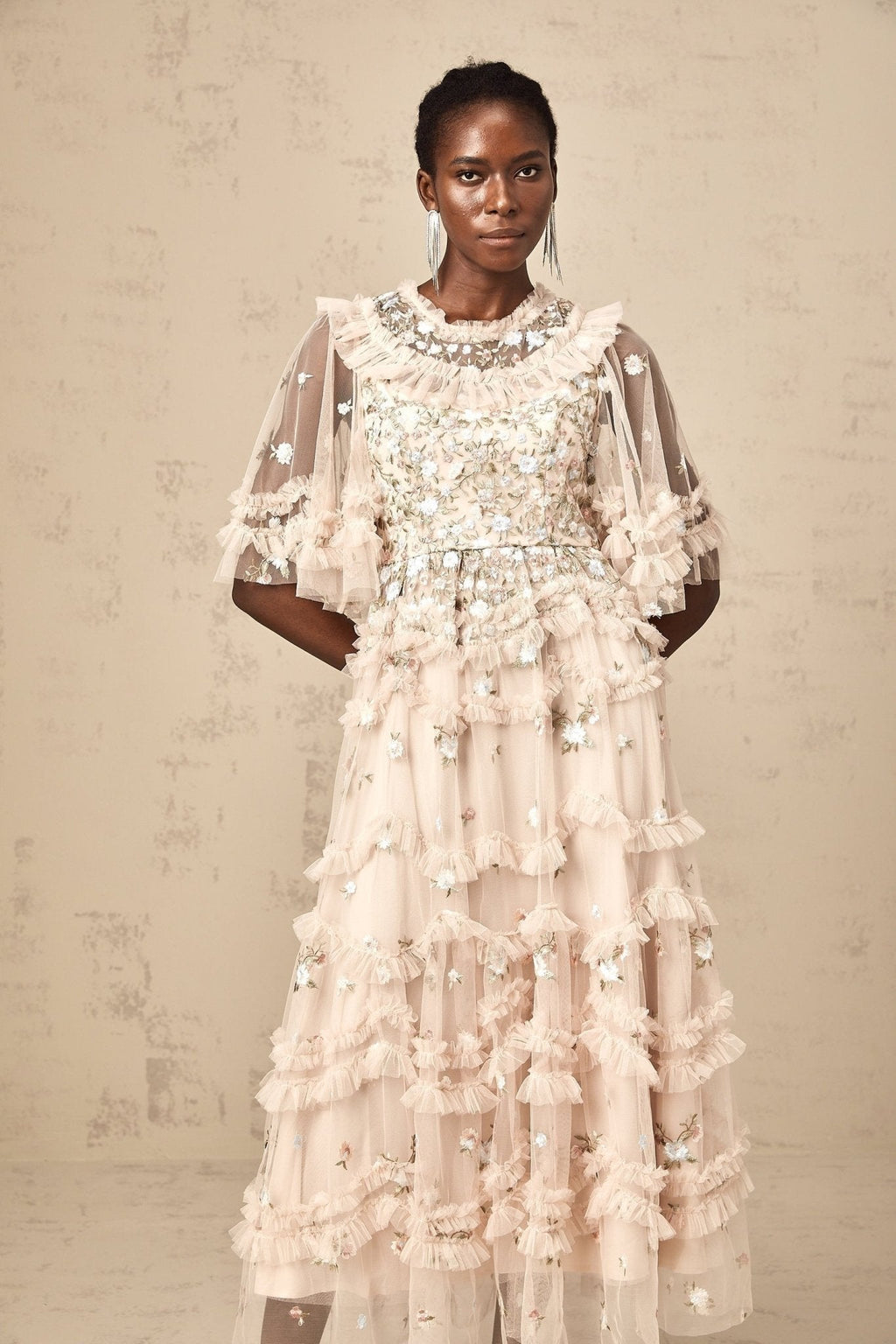 Lucia Floral Embroidery Tiered Midi Dress