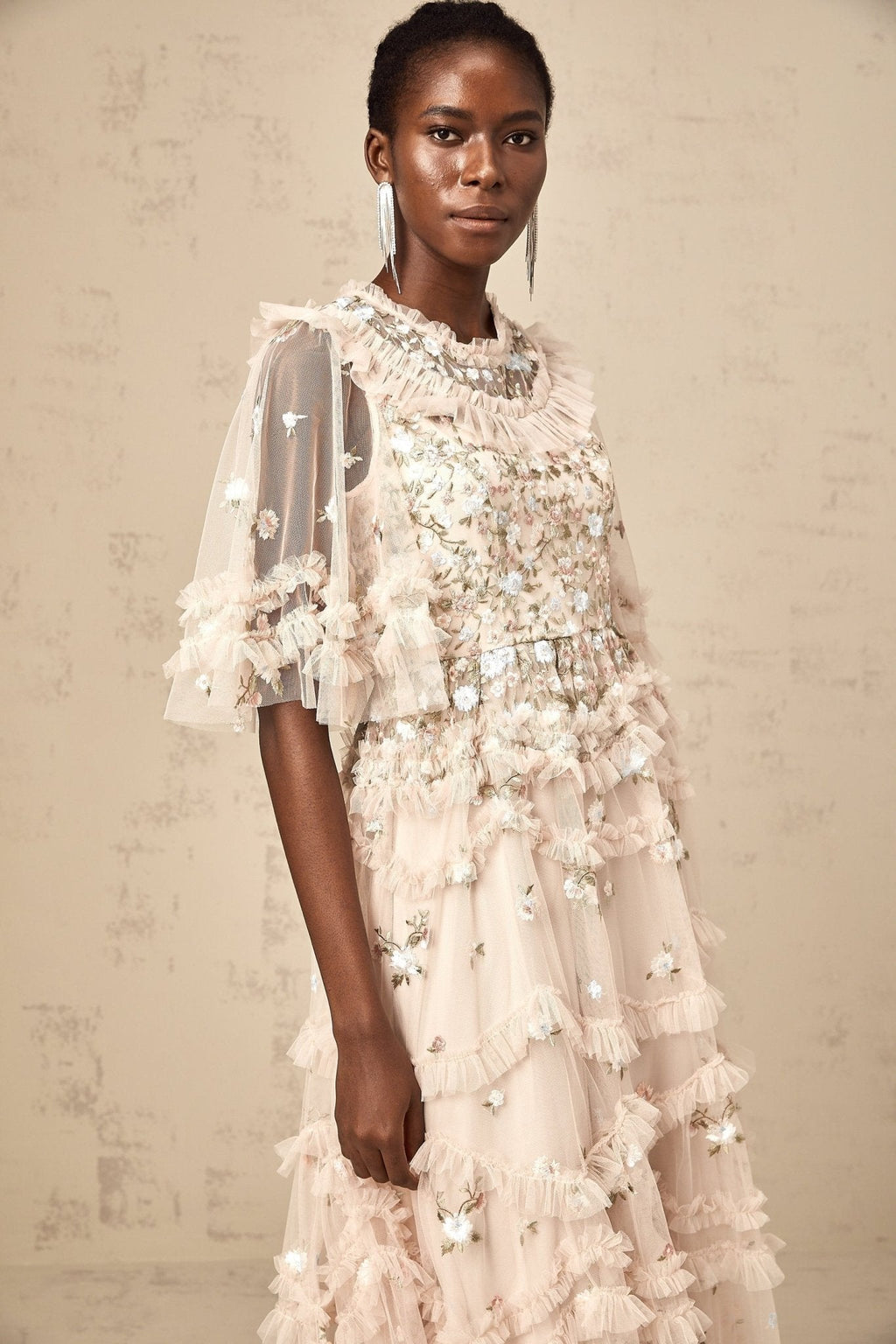 Lucia Floral Embroidery Tiered Midi Dress