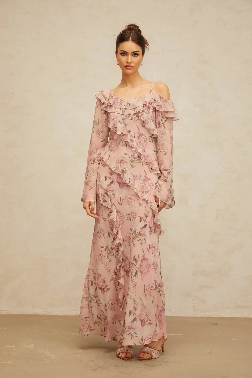 Lucia Maxi Dress Pink Floral Ruffled & Asymmetrical Shoulder Print