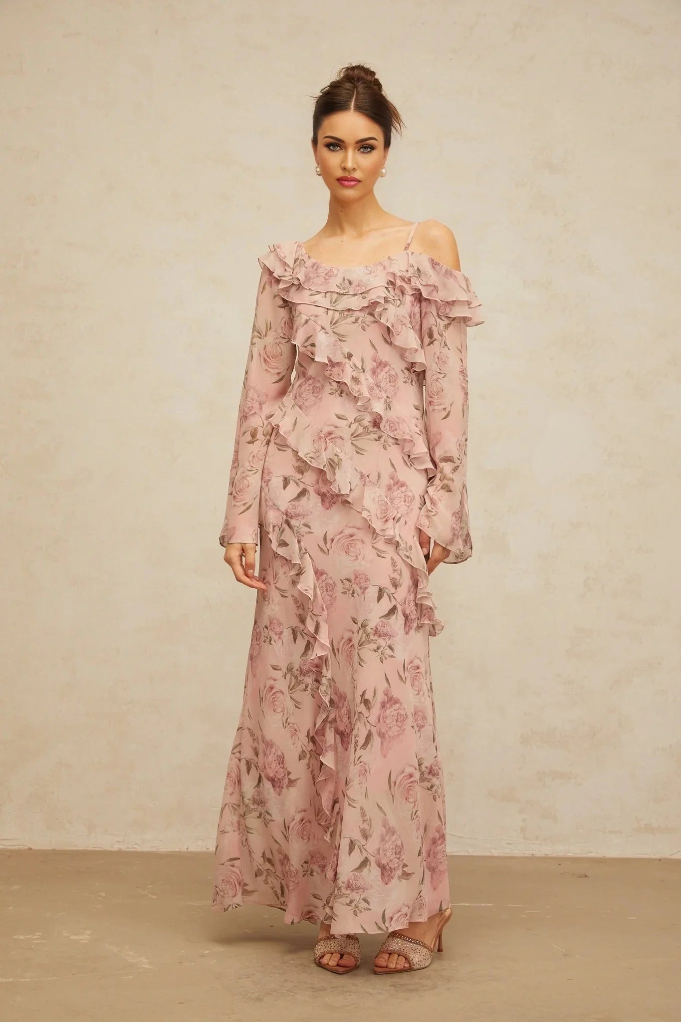Lucia Maxi Dress Pink Floral Ruffled & Asymmetrical Shoulder Print