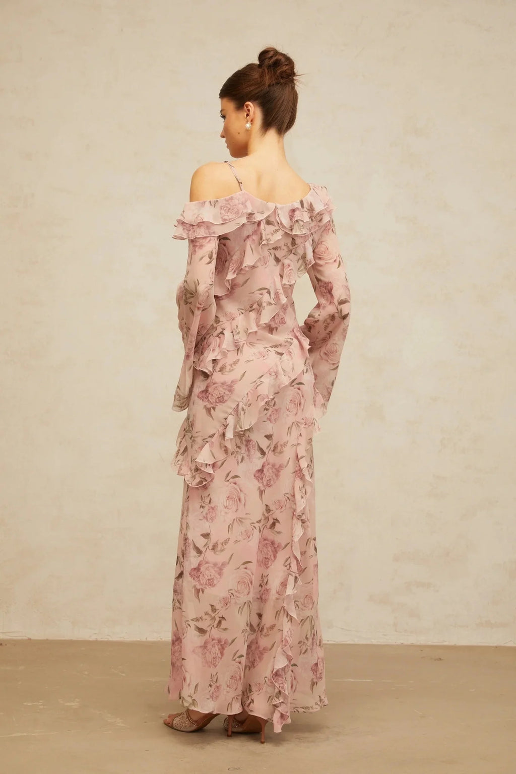 Lucia Maxi Dress Pink Floral Ruffled & Asymmetrical Shoulder Print