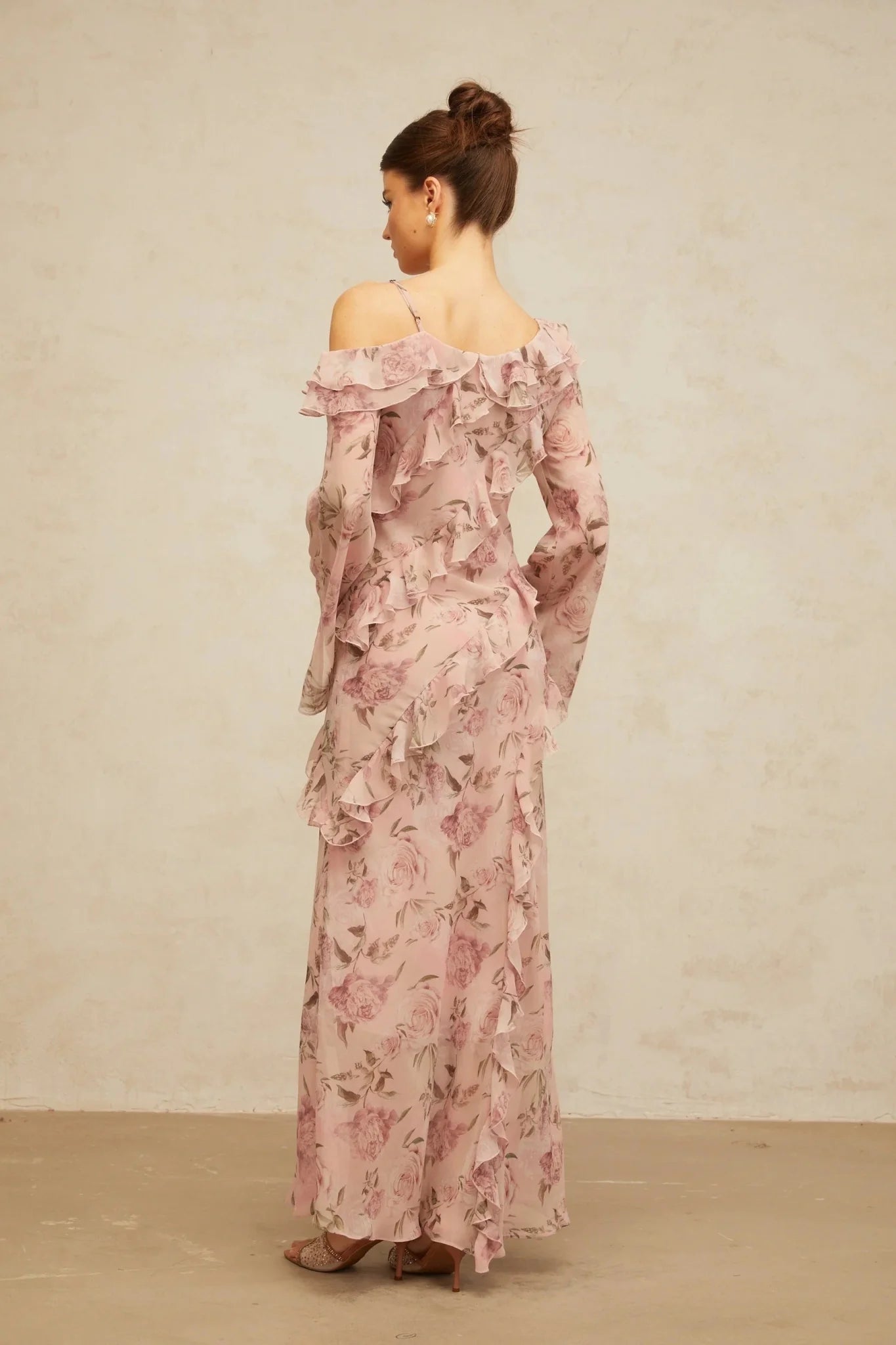 Lucia Maxi Dress Pink Floral Ruffled & Asymmetrical Shoulder Print