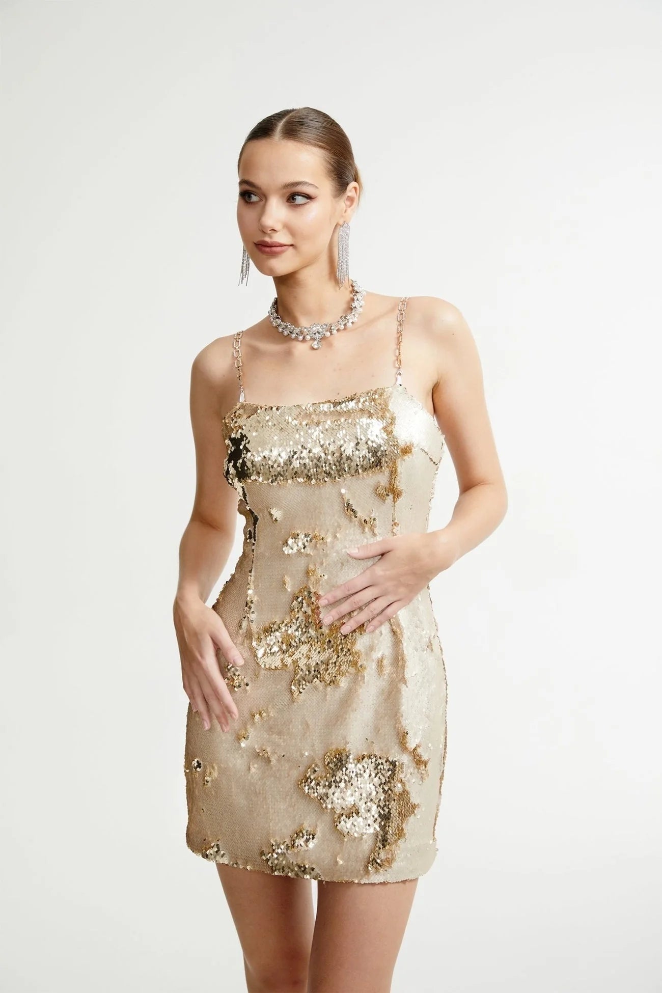 Lucia Mini Dress Gold Sequin Reversible Elegance & Glam