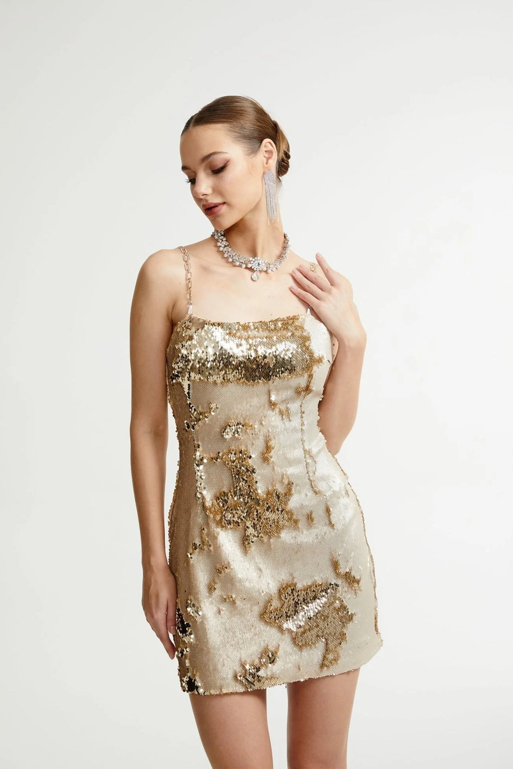 Lucia Mini Dress Gold Sequin Reversible Elegance & Glam