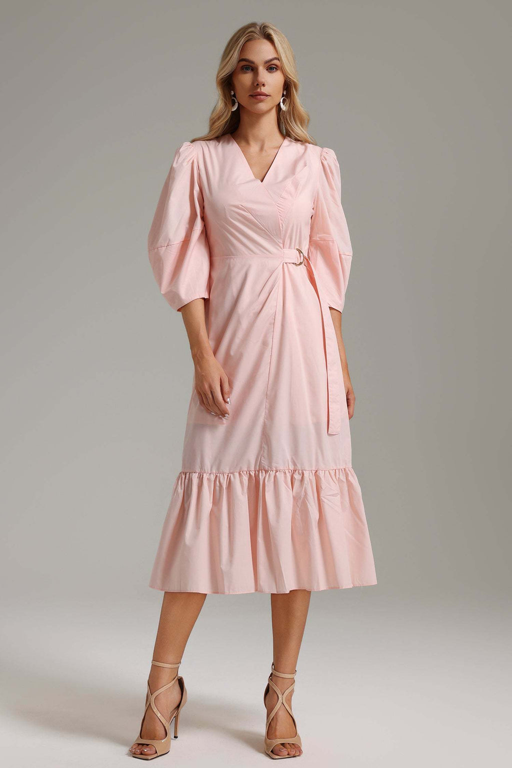 Lucia Pink V-Neckline Ruffle Detail Dress Statement Sleeves Lightweight Fabric