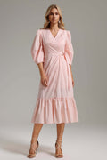 Lucia Pink V-Neckline Ruffle Detail Dress Statement Sleeves Lightweight Fabric