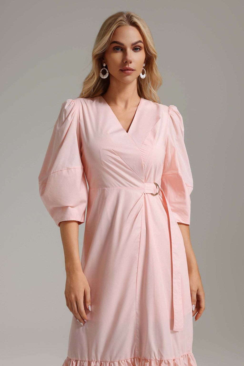 Lucia Pink Ruffle Hem Statement Sleeve Dress
